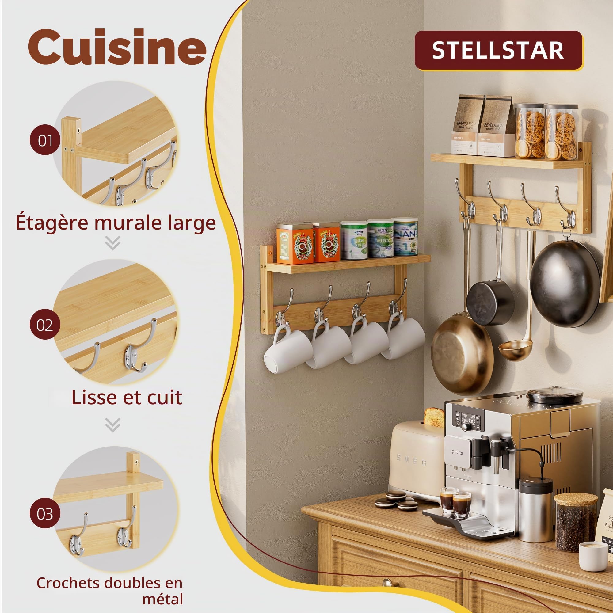 STELLSTAR Porte-Manteau Mural Avec Étagère 80 cm, 2 Paquets de Cintres Muraux en Bambou Avec 8 Crochets Pour l'entrée, le couloir, la cuisine (Naturel)