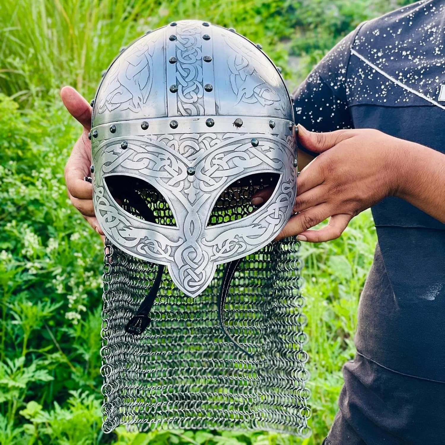 ARTIZANSTORE Medieval Viking Helmet ~ Authentic Etched Norse Warrior Battle ~ LARP Chainmail Helm Halloween Costume Warrior Helm