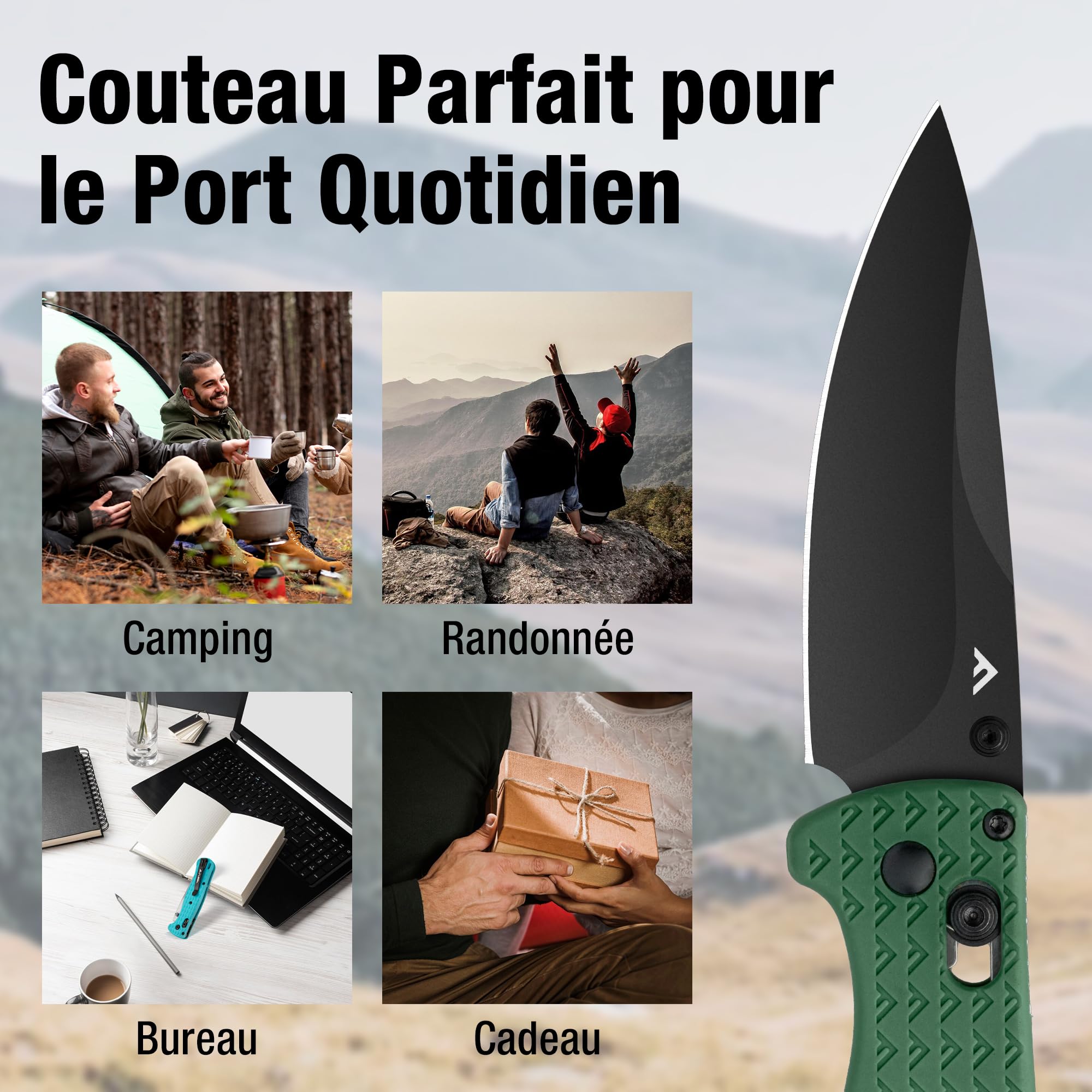 FLISSA Couteau Pliant de Poche 14C28N, Lame Haute Performance Meulée CNC avec Revêtement Titane Noir, Couteau de Poche EDC avec Clip, Idéal pour Usage Quotidien et Activités de Plein Air, Vert
