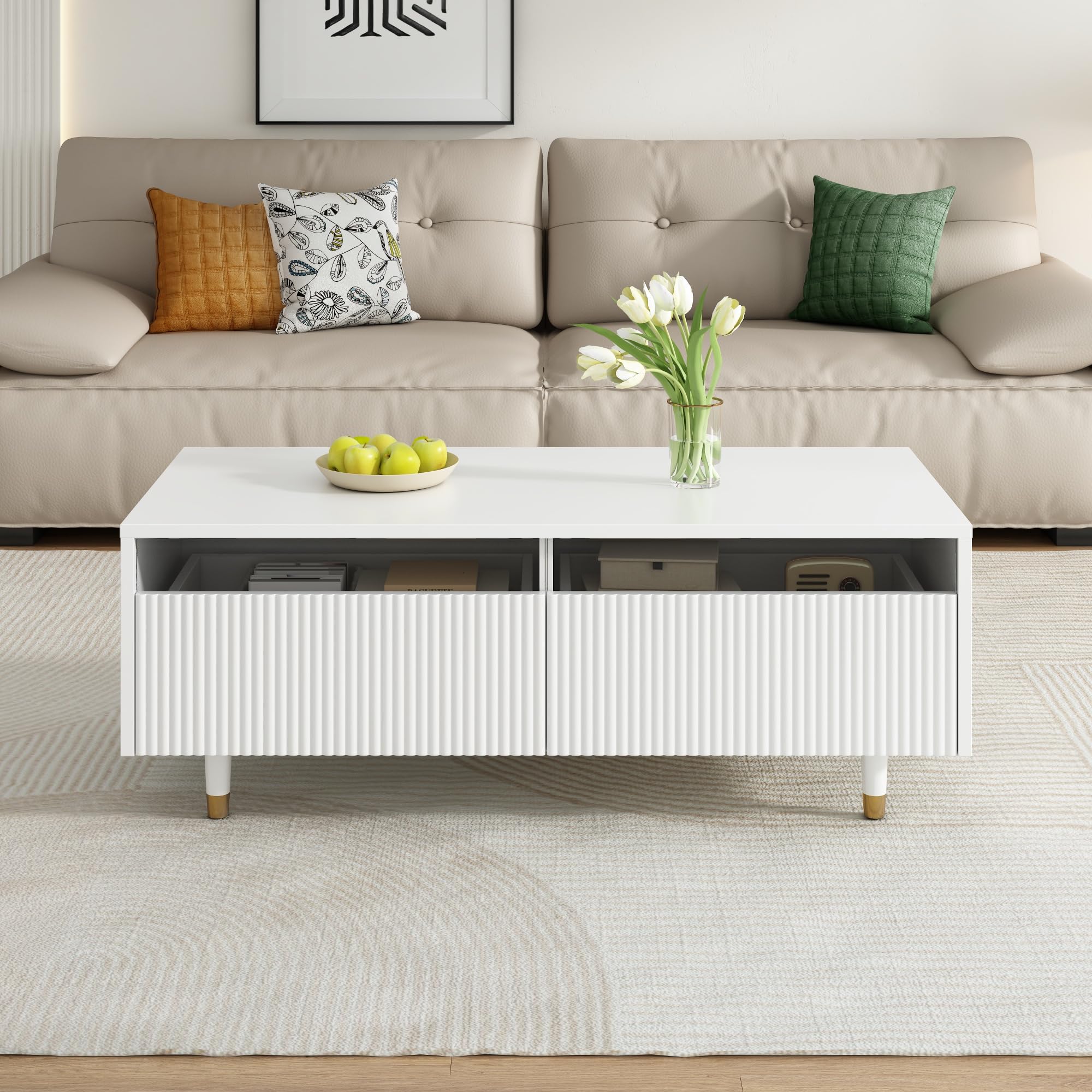 Nowoczesny stolik kawowy z listwą świetlną LED z szufladami do salonu jadalni sypialni stoliki pomocnicze kredens biały 110x50x40 cm