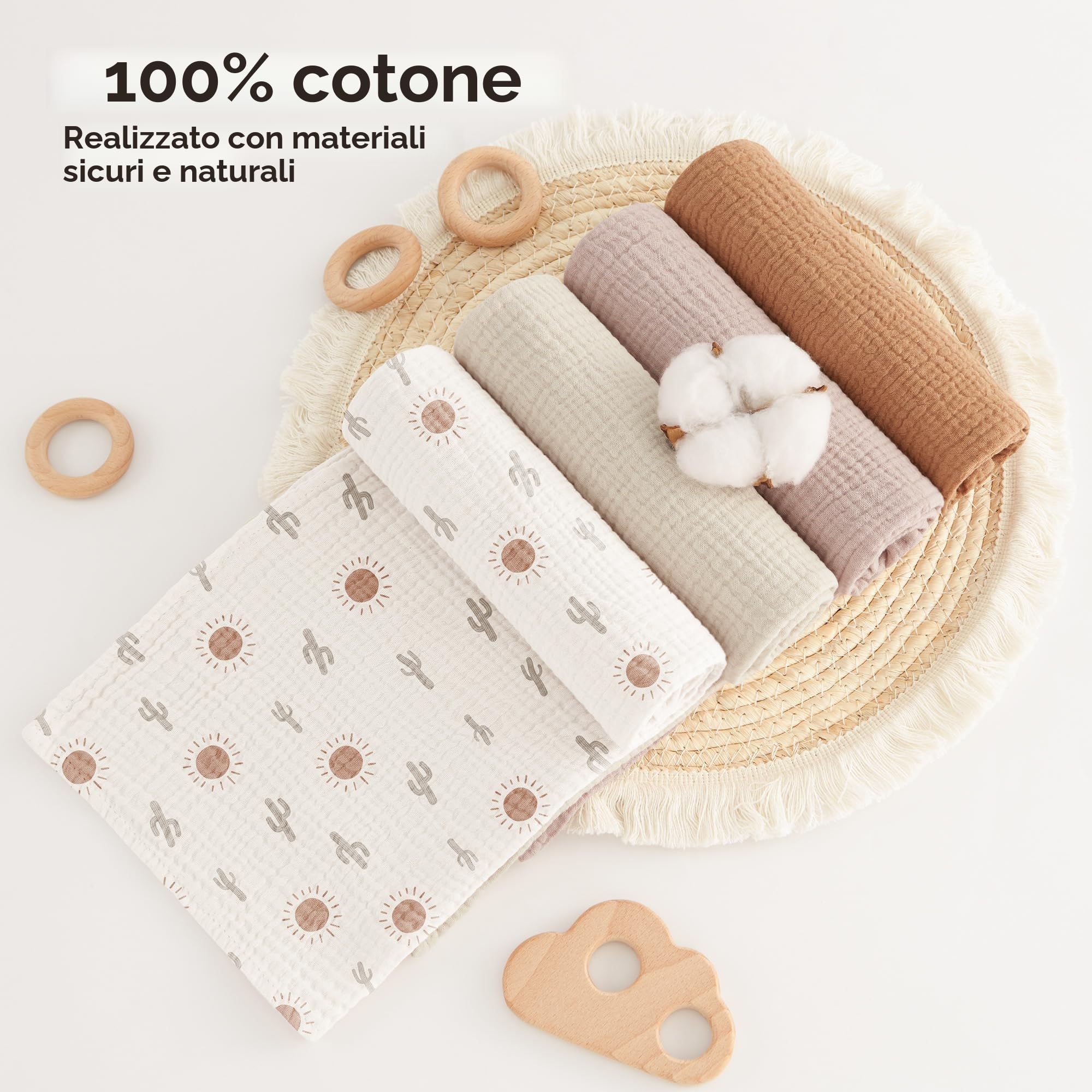 bearmoss Bambino in Mussola Per Neonati Set 4 Pezzi 60x60CM, 100% cotone Super Morbido Assorbente in Mussola A Grana Per Neonati Per Bambine E Ragazzi(Stampa marrone)