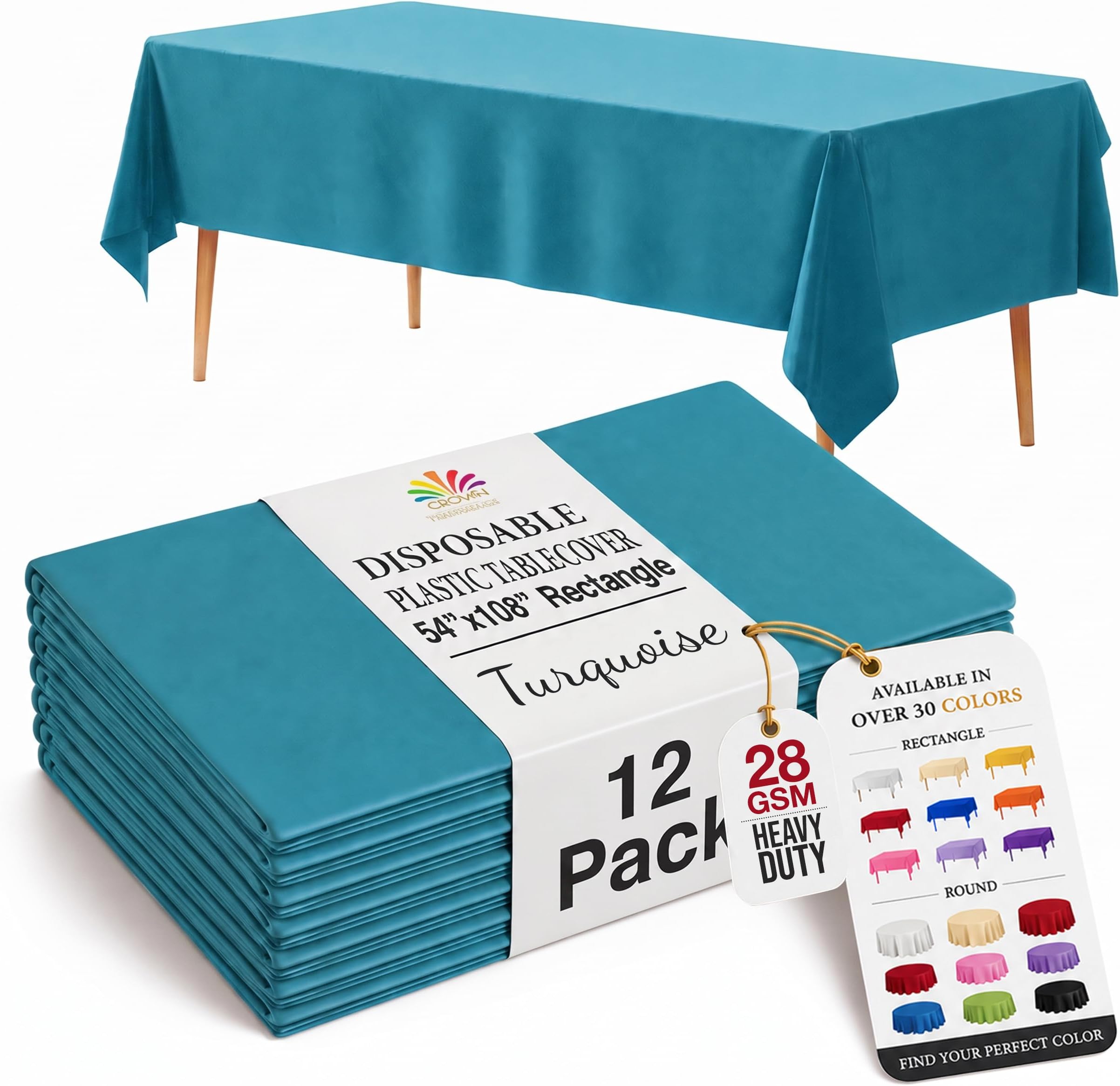 Exquisite Turquoise Plastic Table Cloth Disposable 12 Pack, 54 x 108 | Disposable, waterproof table cover for parties, birthdays, weddings, graduations, picnics and BBQs; fits 6-8 ft tables