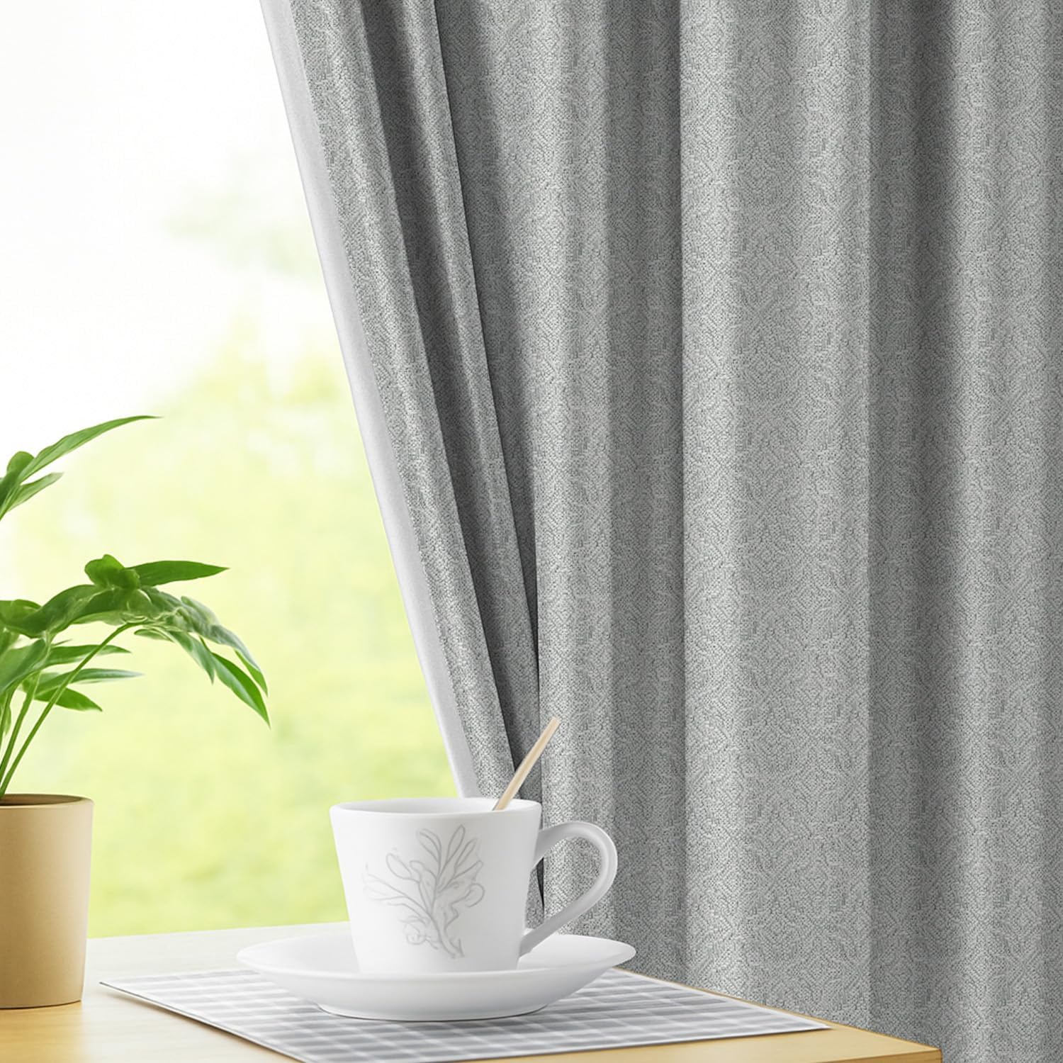 LINENWALAS 100% Blackout Curtains for Door (7.5 Feet) - Set 2 Panels Linen Texture with Geometric Floral Pattern Complete Light Blocking with Thermal Insulated, Nose Reducing Backing (Timberwolf Grey)