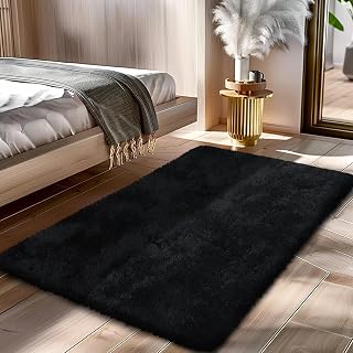 Yongyangjuxi Fluffy Shaggy Area Rug 2x4 Black - 1.9" Extra Soft Pile Non-Slip Bedroom Entryway Rug for Kids Room