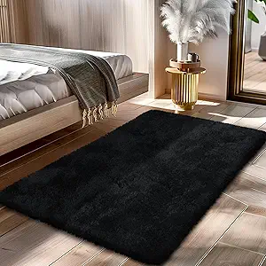 Fluffy Rug Shaggy Area Rug, Black 2x4 Area Rugs for Bedroom, Small Bedside Rug, Soft Fluffy Shaggy Entryway Throw Rugs for Living Room Bedroom Kids Room Home Decor
