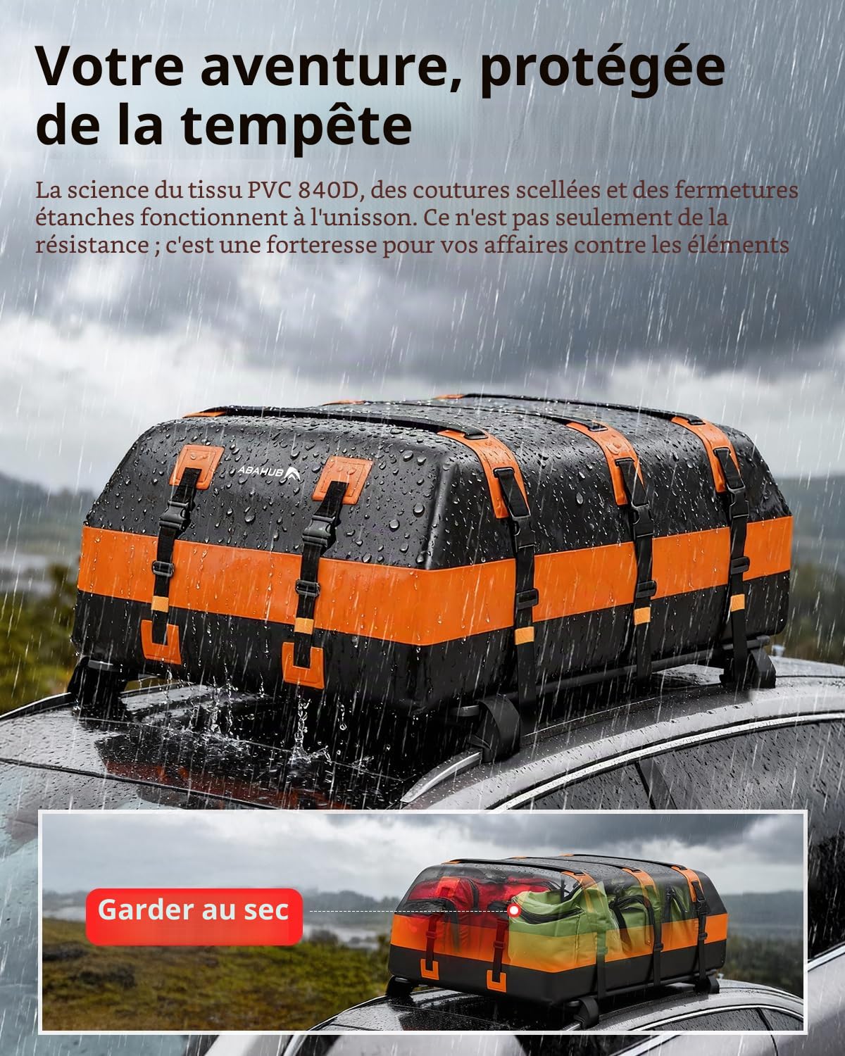 Abahub 850L Coffre de Toit Pliable, Design Étanche Matériau 840D, Universel pour Tous Les Modèles avec/sans Porte-Bagages, avec Crochets de Portière Base Antidérapante Inclus,Grande Capacité