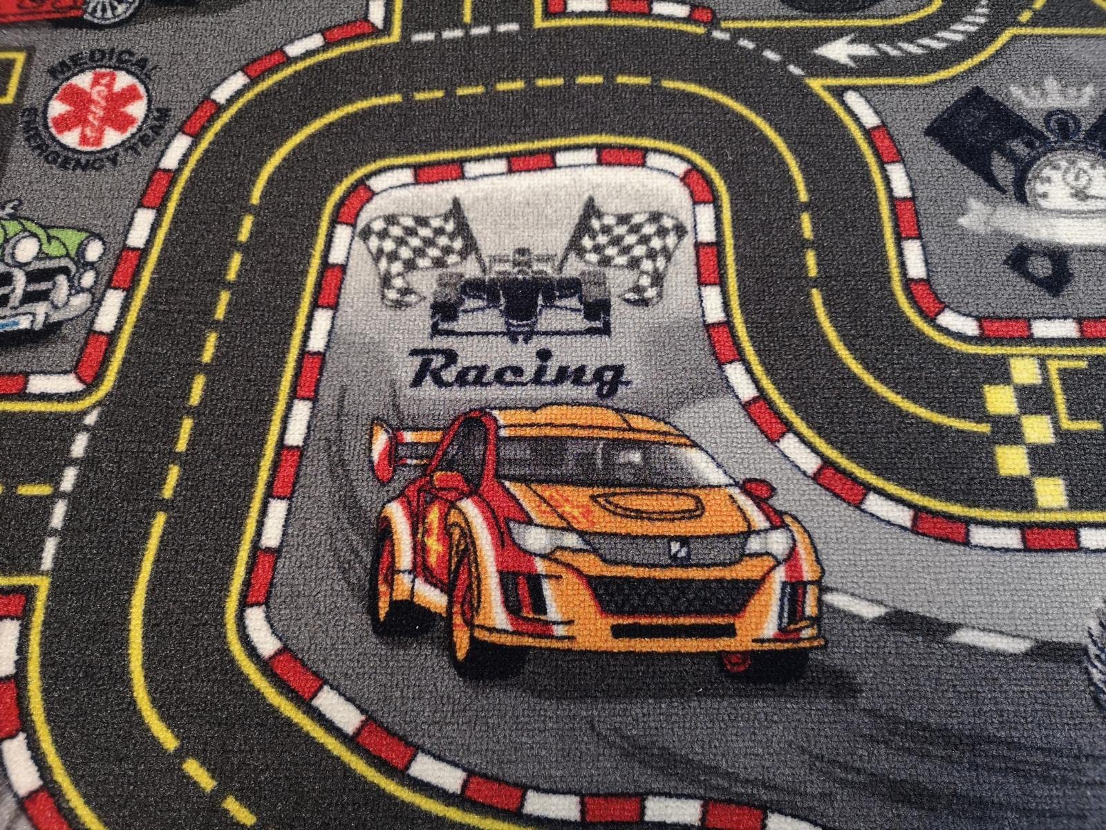 Kinderteppich Straßenteppich Racing Auto grau anthrazit Rennstrecke Spielteppich (200 x 400 cm)