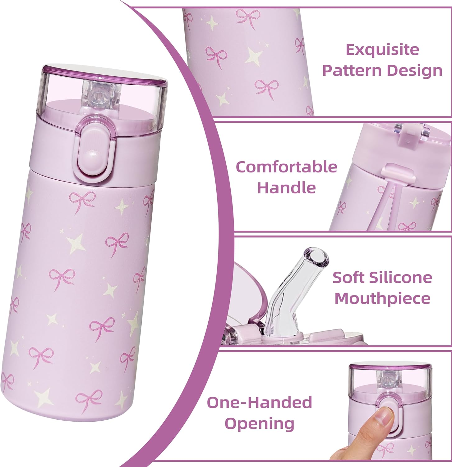 5oz Small Water Bottle with Straw, Gym Water Bottle with 3D Printed Pattern, Insulated Bottle for Hot&cold Drinks,360°leak-Proof for Student, Girl, School, Sports,Travel-Bow image 3