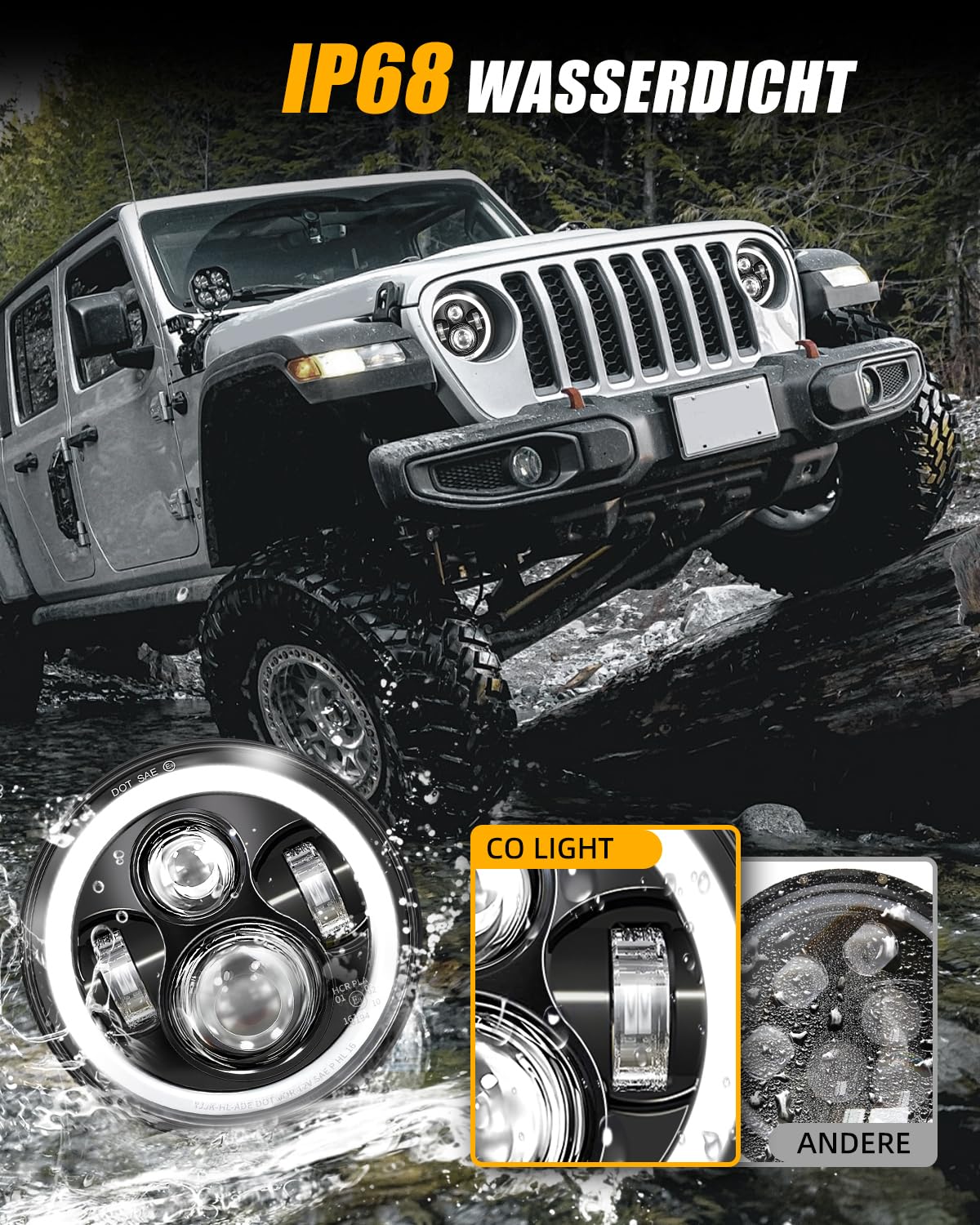 CO LIGHT 7 zoll LED scheinwerfer 150000LM, E-geprüft mit Abblendlicht Fernlicht Amber Halo Blinker, Weißem Tagfahrlicht (DRL) ，für Defender VW T3 G Klasse Wrangler TJ JK LJ Hummer