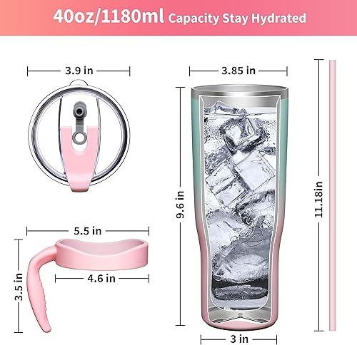 Miniatura 4 de THILY Vaso aislado de 40 onzas con asa, taza de viaje para café de acero inoxidable con tapa y pajitas, mantiene las bebidas frías durante 34 horas