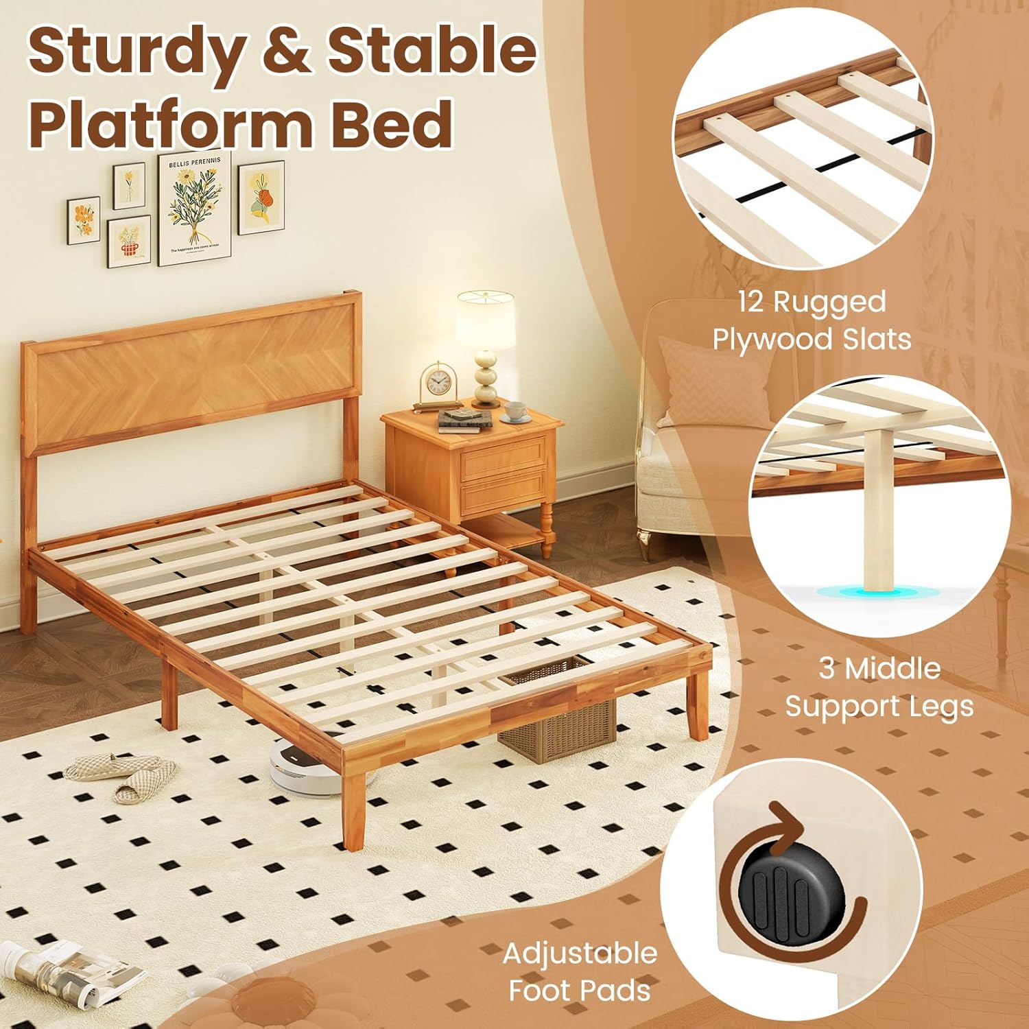 Diagram showing the sturdy platform bed structure with 12 plywood slats, 3 middle support legs, and adjustable foot pads