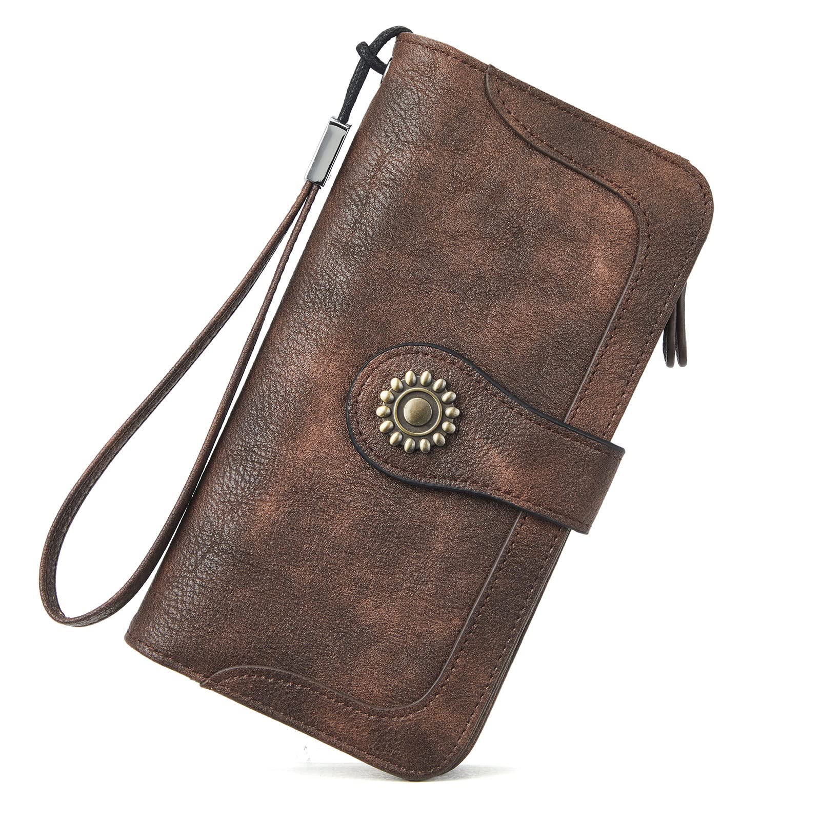 BROMENLeather Wallets for Women RFID Blocking Large Capacity Credit Card Holder Clutch Purse Wristlet Coffee