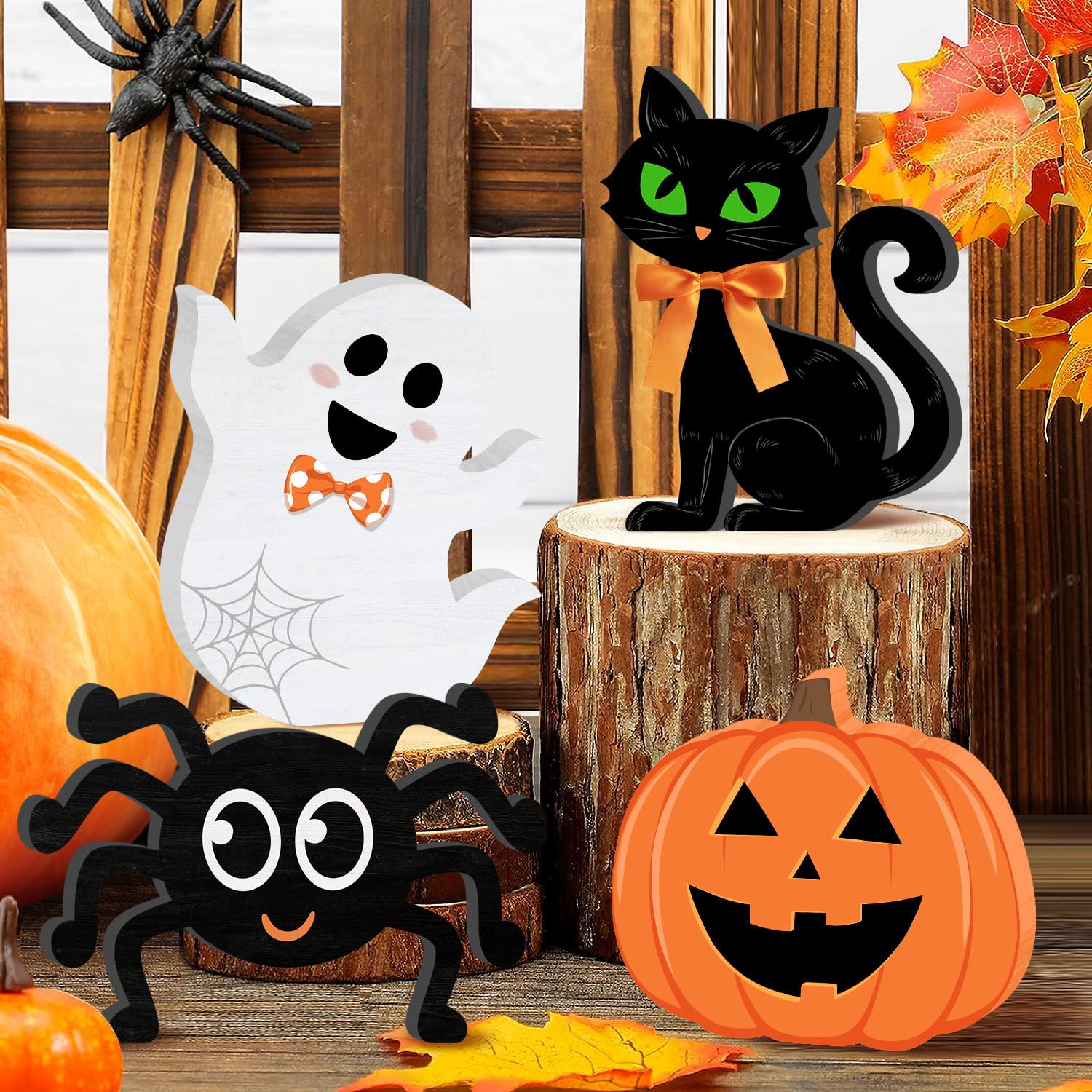 Halloween-Tischschilder Aus Holz – 3-teiliges Set Mit Geist, Kürbis & Schwarzer Katze. Rustikale Deko Für Tisch, Kaminsims Oder Regal.