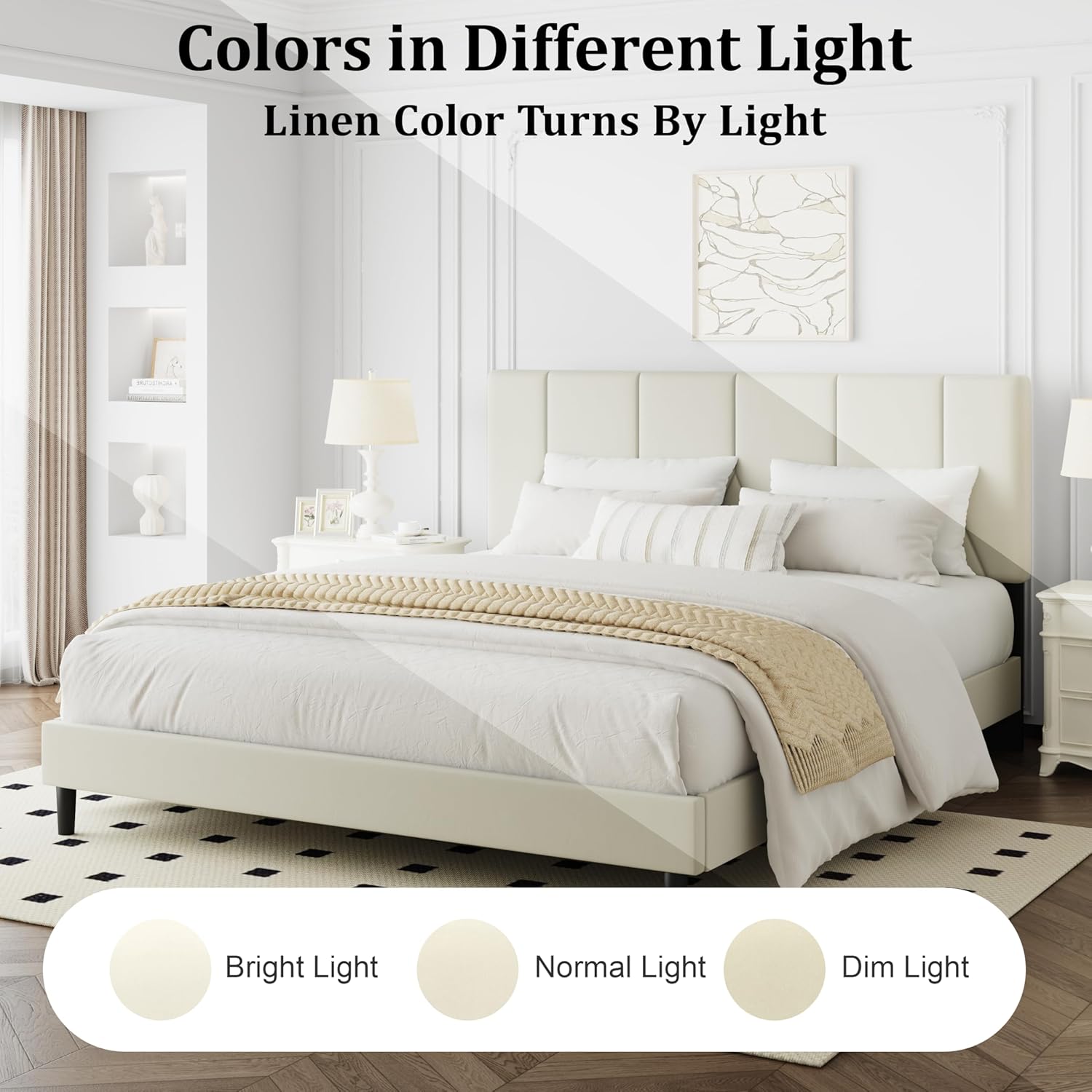 Queen Bed Frame, Padded Platform Bed Frame with Velvet Headboard, Vertical Quilted Design, Sturdy Slatted Mattress Base, No Spring Mattress Required, Easy to Assemble, Beige