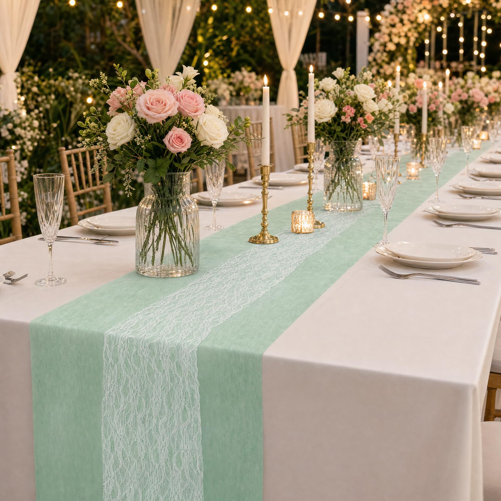 Non-woven Sage Green Table Runner Roll Double Layer 30cm X 25m & White Lace Ribbon 15cm X 22m, Eucalyptus Tablecloth with Floral Lace Decor for Wedding, Christenings, Birthday Party & DIY Crafts