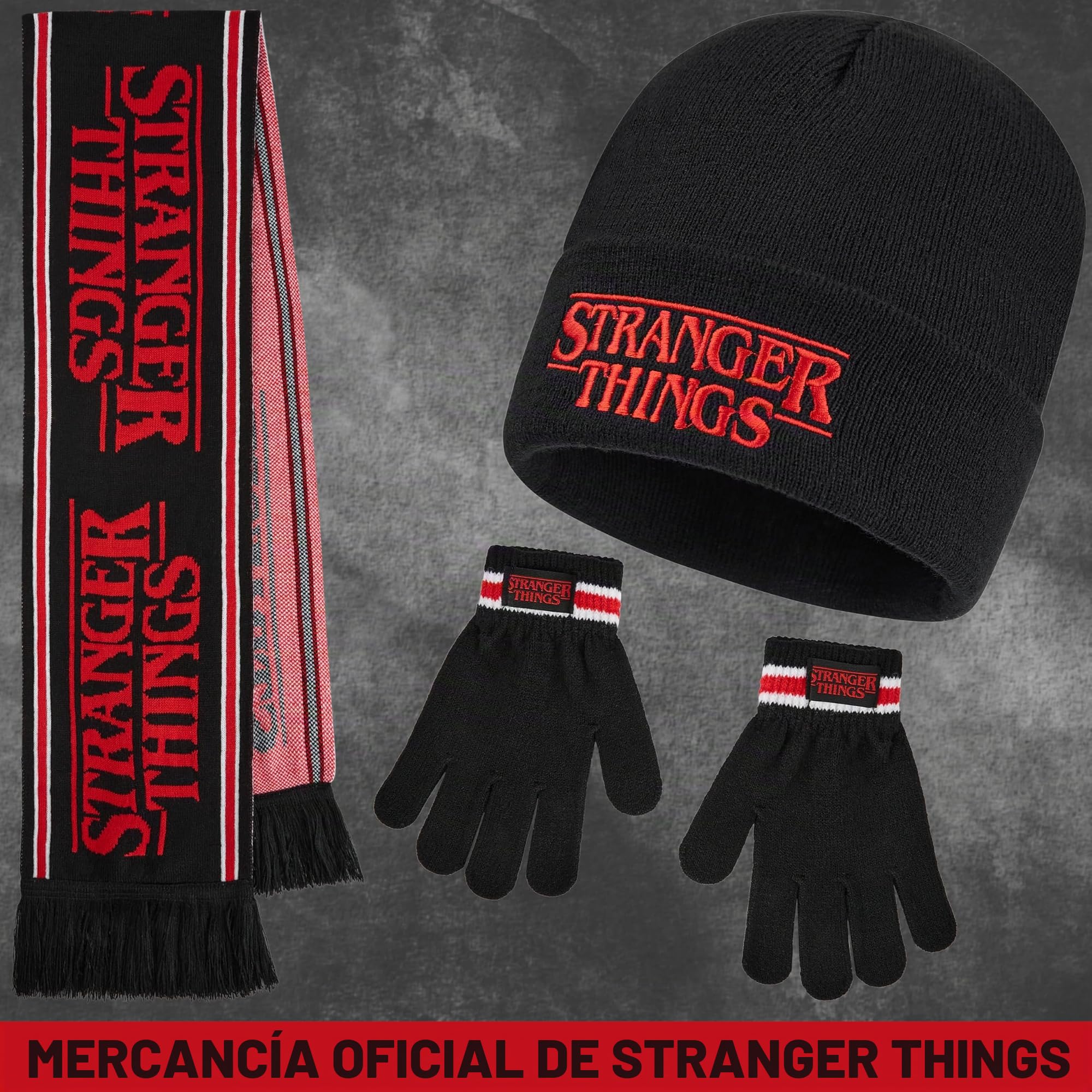 Stranger Things Conjunto Gorro Bufanda y Guantes Niño Niña, Infantil Accesorios Ropa de Invierno, Regalo Fan de la Serie
