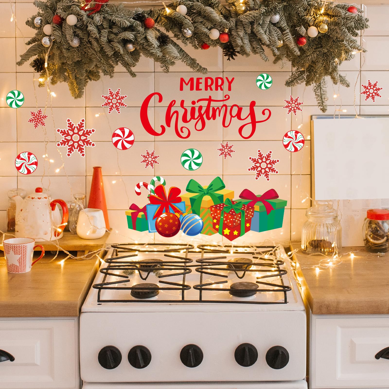 JarThenaAMCS Weihnachts-Türaufkleber, Weihnachtsbaum, Weihnachtsmann, Schneemann, Elch, Süßigkeiten, Schneeflocke, Aufkleber, großes Wandbild, Aufkleber für Zuhause, Kühlschrank, Wand, Fenster,