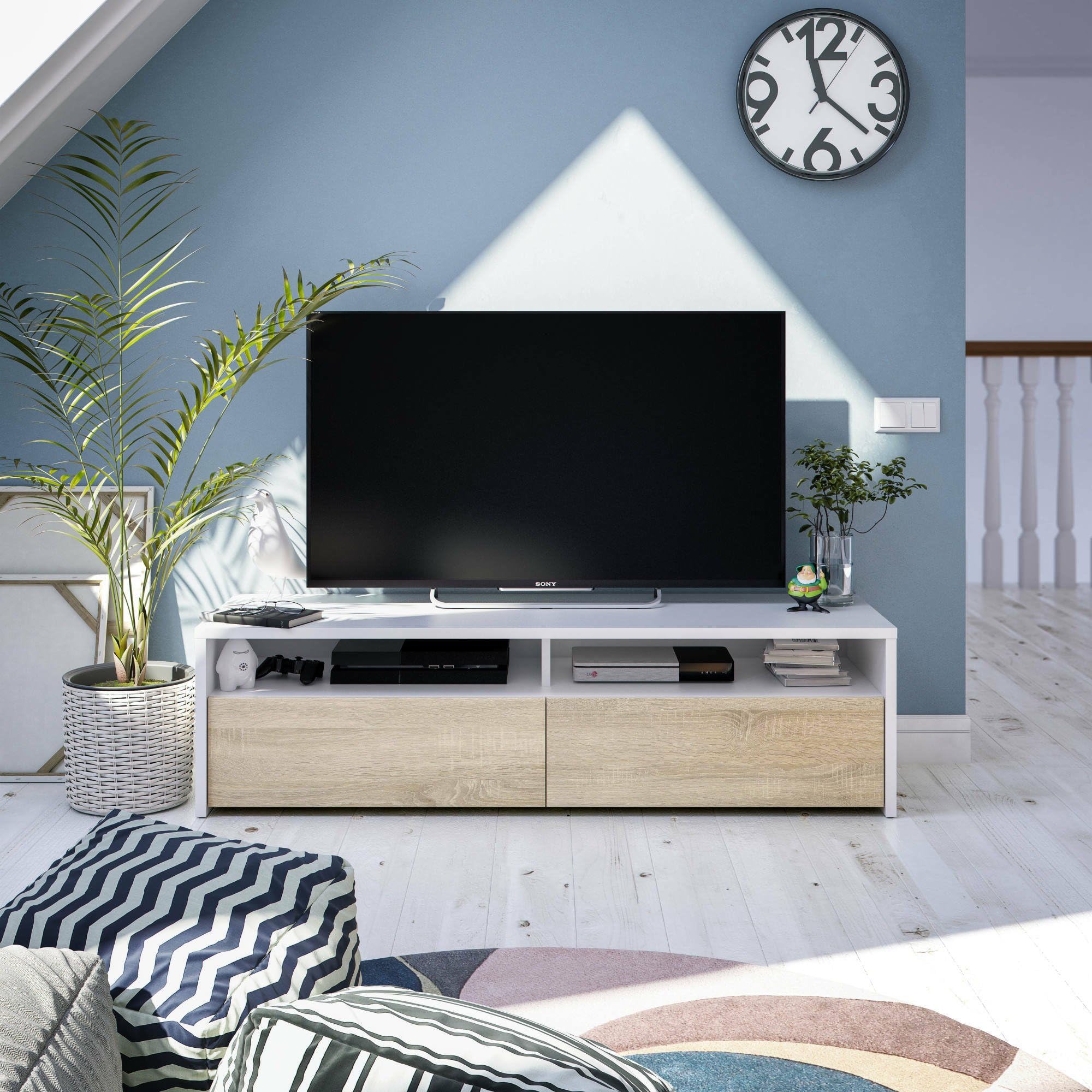 Dmora Mobile Basso TV 2 Ante-Legno Bianco e Rovere, 130 x 36 x 42 cm