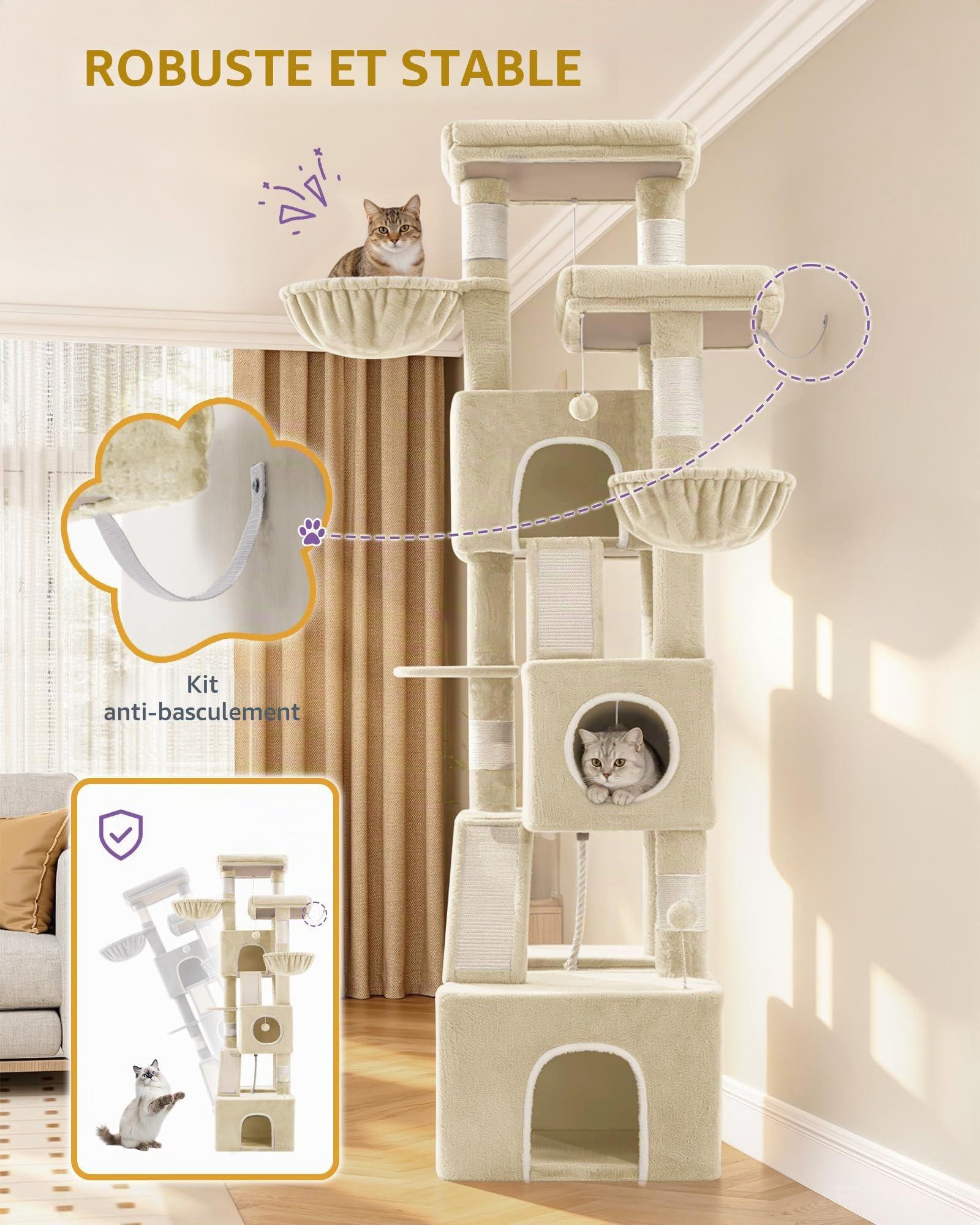 Hzuaneri Arbre à Chat, XXL, Hauteur 209 cm, avec 7 Griffoirs, 3 Niches, 2 Plateformes, 2 Planche à Gratter, Panier, Hamac, Balle en Peluche, Arbre à Chat à Plusieurs Niveaux, Beige MS20918YL