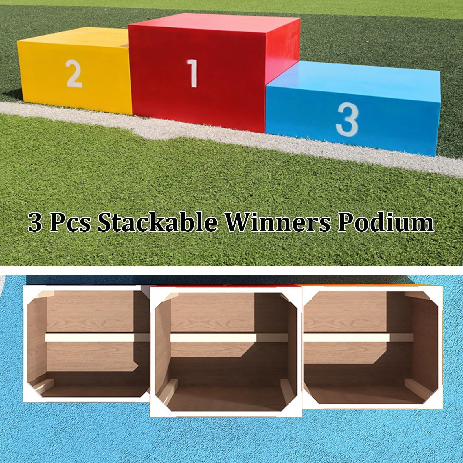 Stapelbares Siegerpodest aus Holz in leuchtenden Farben 1-2-3 für Sportveranstaltungen mit DREI Plätzen, Tragkraft 300 kg