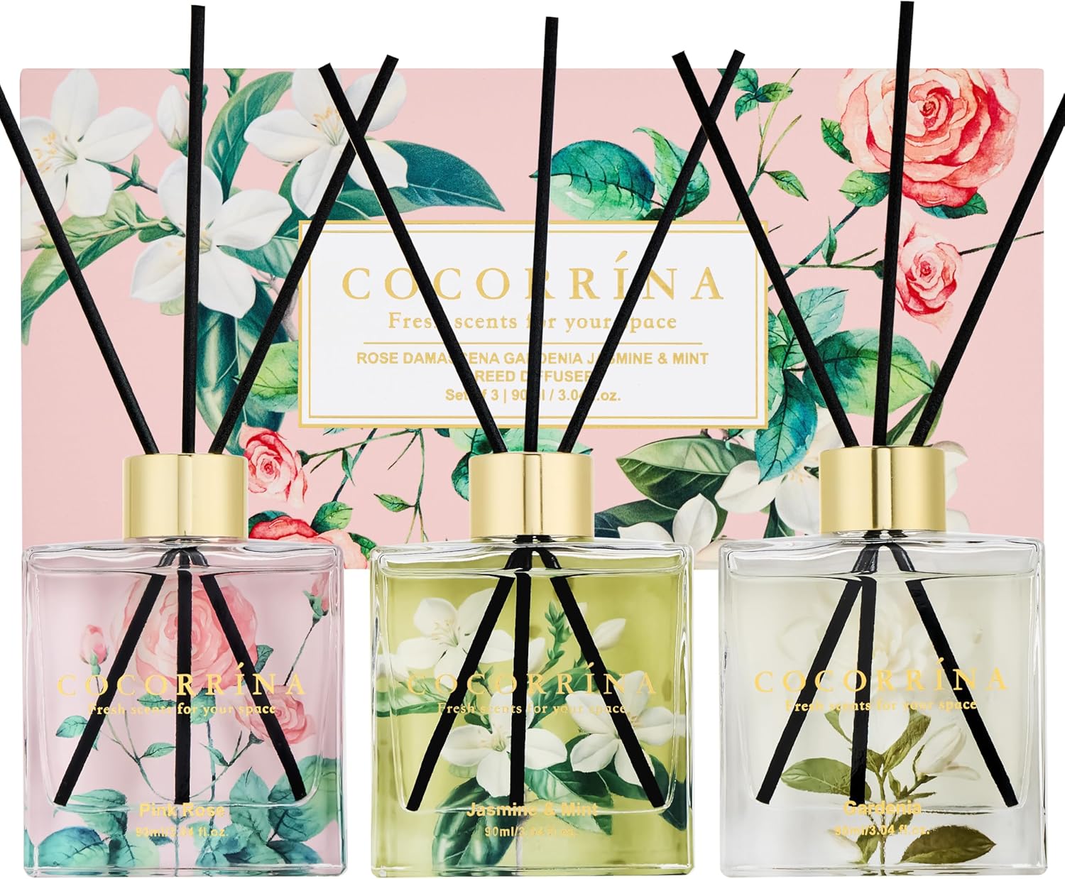 COCORRÍNA Reed Diffuser Set of 3-3 Pack/ 3.04 Fl.oz Diffuser with 24 Sticks Cashmere Vanilla/Sandalwood Rose/Clean Linen Reed Diffuser for Home Bathroom Office Decor
