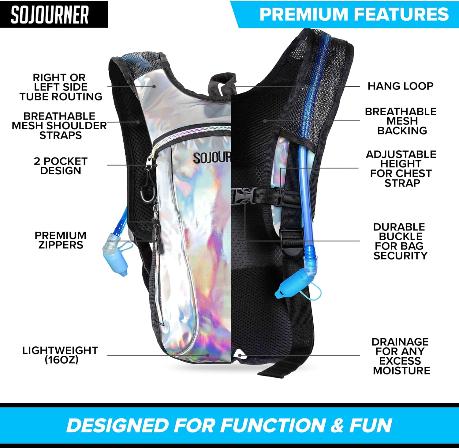SOJOURNER Hydration Pack Backpack - 2L Water Bladder Included for Festivals, Raves, Hiking, Biking, Climbing, Running and More (Holographic Silver) : Sports & Outdoors