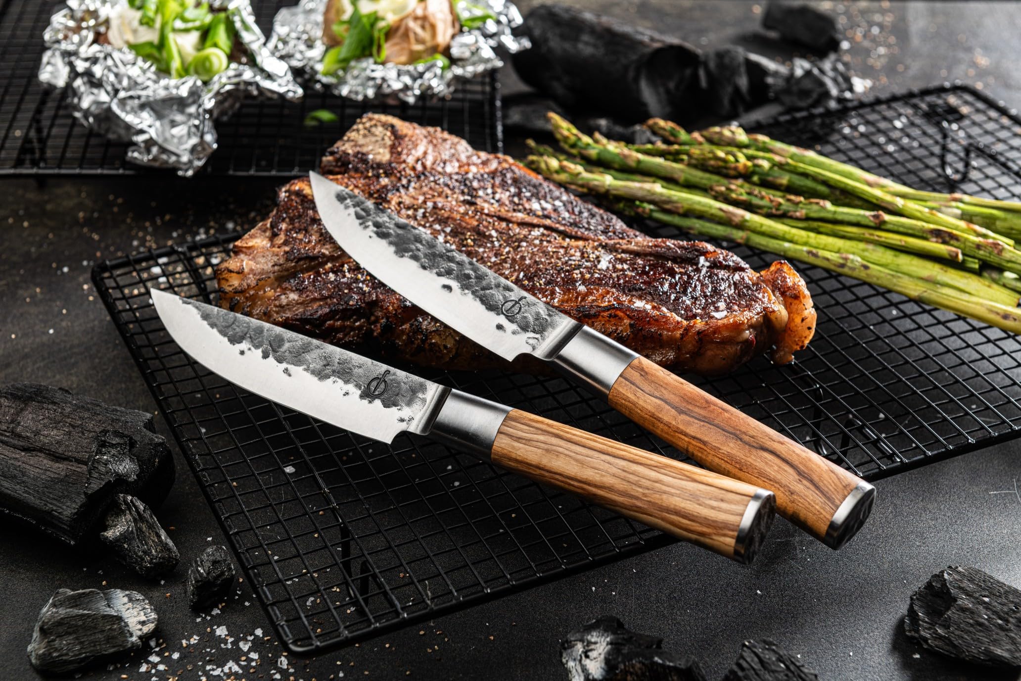 Forged Olive Steakmesser-Set, 440C Edelstahl, Olivenholz-Griff, XXL 4-teilig