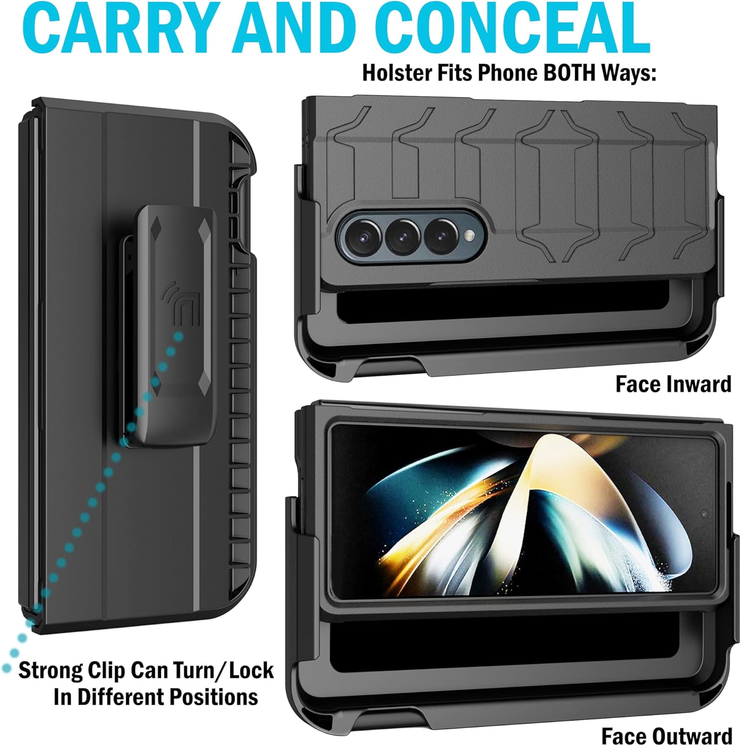 Nakedcellphone Case with Clip and S Pen Slot for Galaxy Z Fold 4 5G, Tactical Cover and Custom Belt Hip Holster Holder View Stand Combo for Samsung Z Fold4 Phone (SM-F936U, 2022) - Matte Black