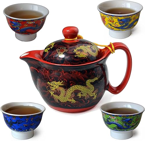 Tetera China Porcelana 12oz Dragón Acero Inoxidable Teacup 4pcs Gongfu Infusor para Té Suelto