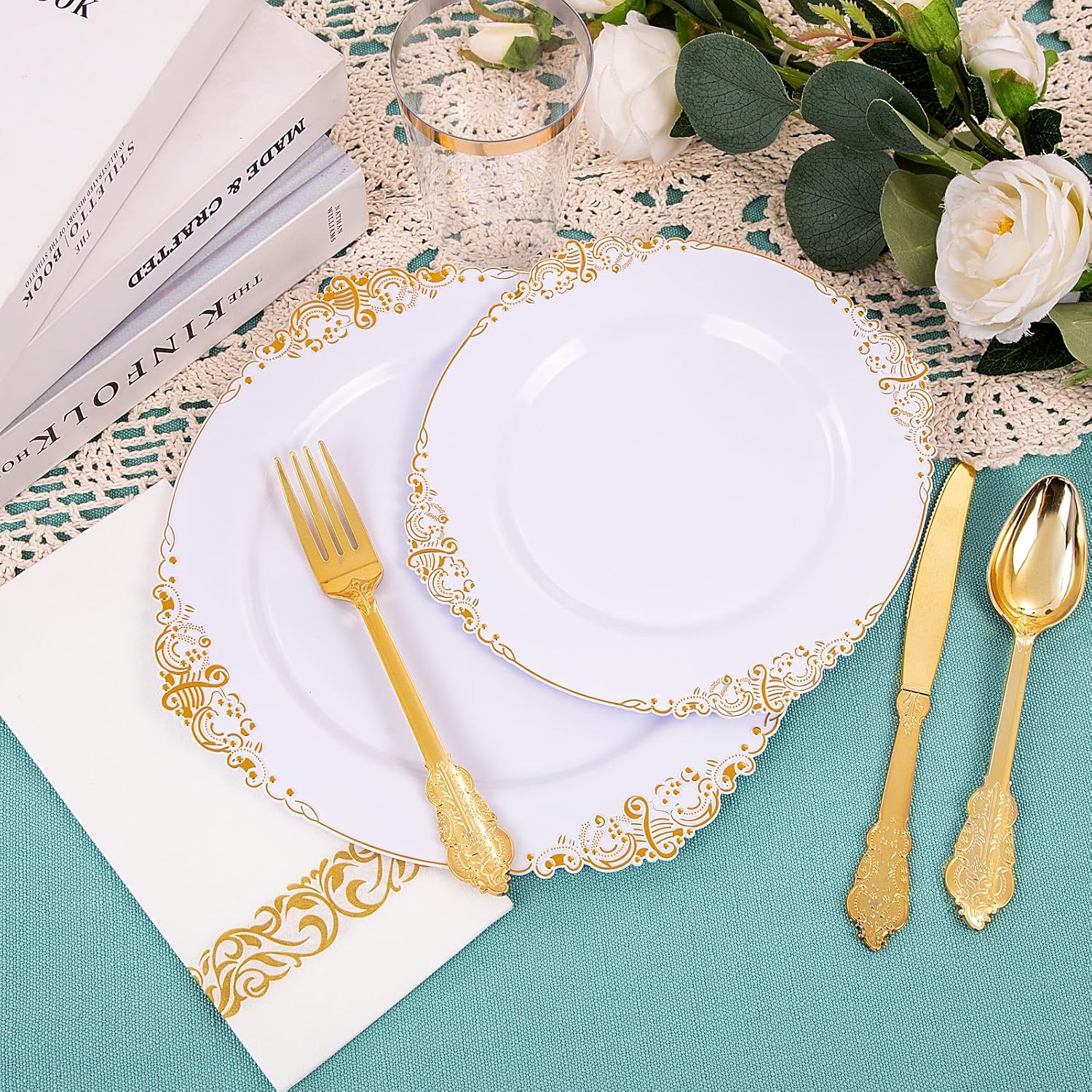 Nervure 350PCS White and Gold Plastic Plates - Gold Plastic Dinnerware Sets for 50 Guests - 100 Gold Disposable Plates, 150 Gold Plastic Silverware, 50 Cups, 100 Napkins for Wedding & Party