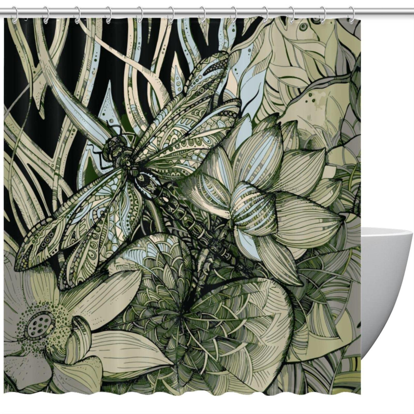 Rideau de douche peinture chinoise de lotus verte 183cm grand format occultant et lavable