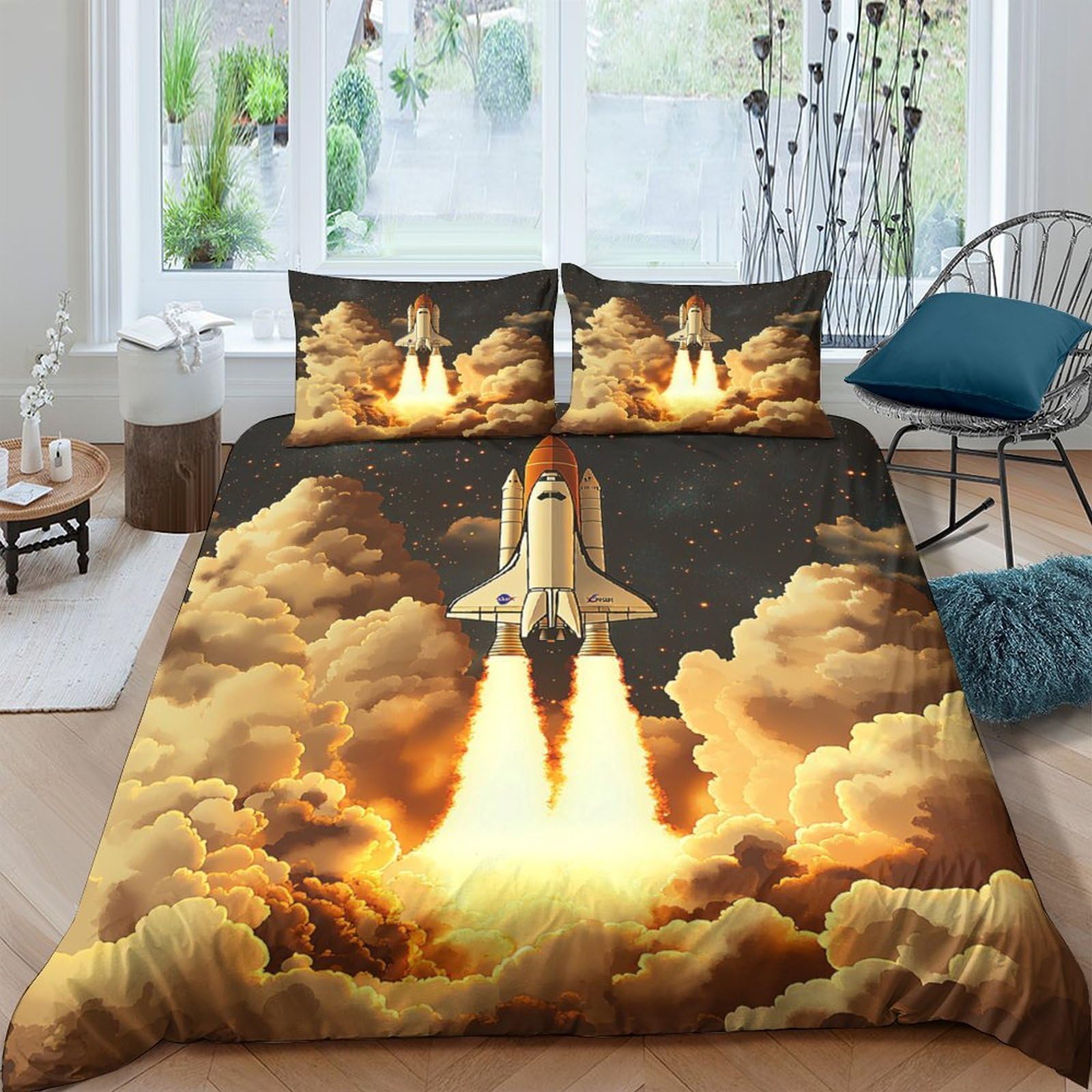 Ctjqhvkz Style-8 3D Printed Rocket Launch Fitted Sheet Microfiber Soft Bedroom Decor Space Shuttle Bed Cover For Adult Teen Mattress Protection Single（135X200cm）