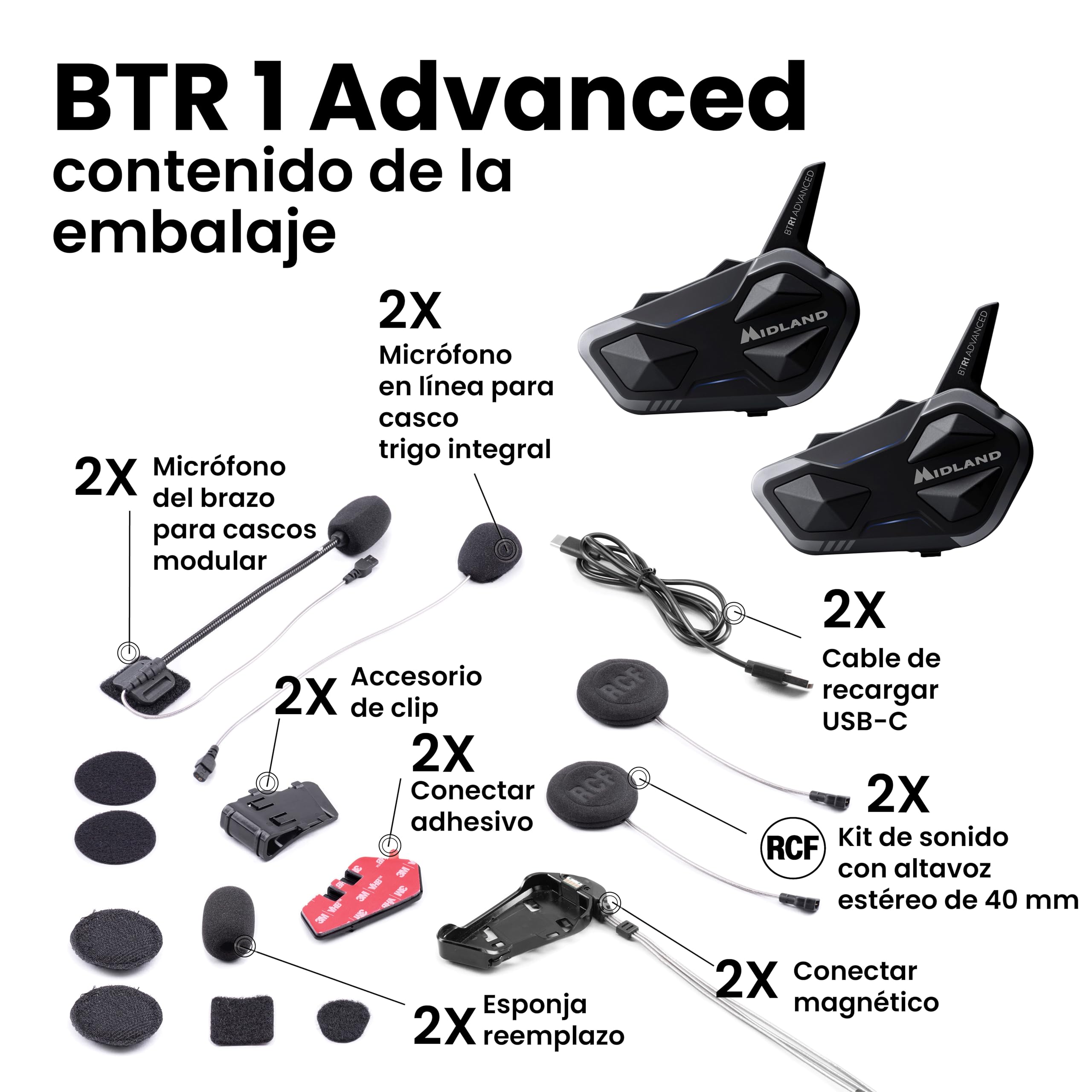 Midland - Intercomunicador Casco Moto Pareja BTR1 Advanced Twin, Auriculares Moto Inalámbricos Bluetooth IPX6, 1,2Km, 4 Personas Conferencia, Batería 23H, Cancelación Ruido, Audio HD, Conforme ECE2206