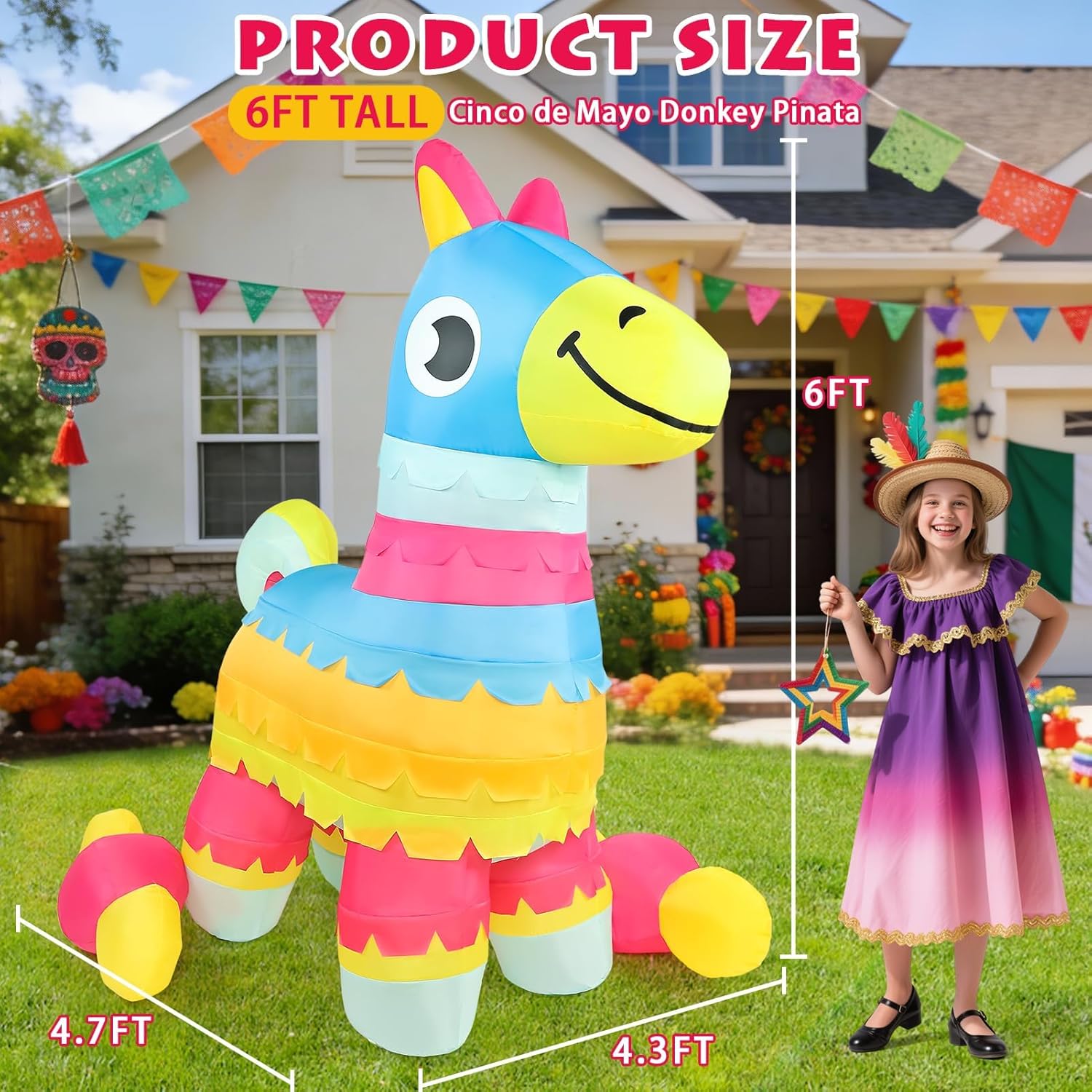 Cinco De Mayo Inflatables Outdoor Decorations, 6FT Inflatable Pinata Donkey Yard Decoration with Candy, May 5 Fiesta Party Mexican Theme Blow Up Decor with LED Lights for Outside Lawn Garden Indoor