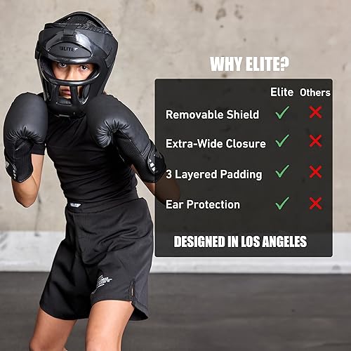 Miniatura 5 de Elite Sports Los mejores tocados de boxeo para niños de 4 a 13 años MMA Kickboxing Muay Thai BJJ Karate Head Guard para niños y niñas (negro)