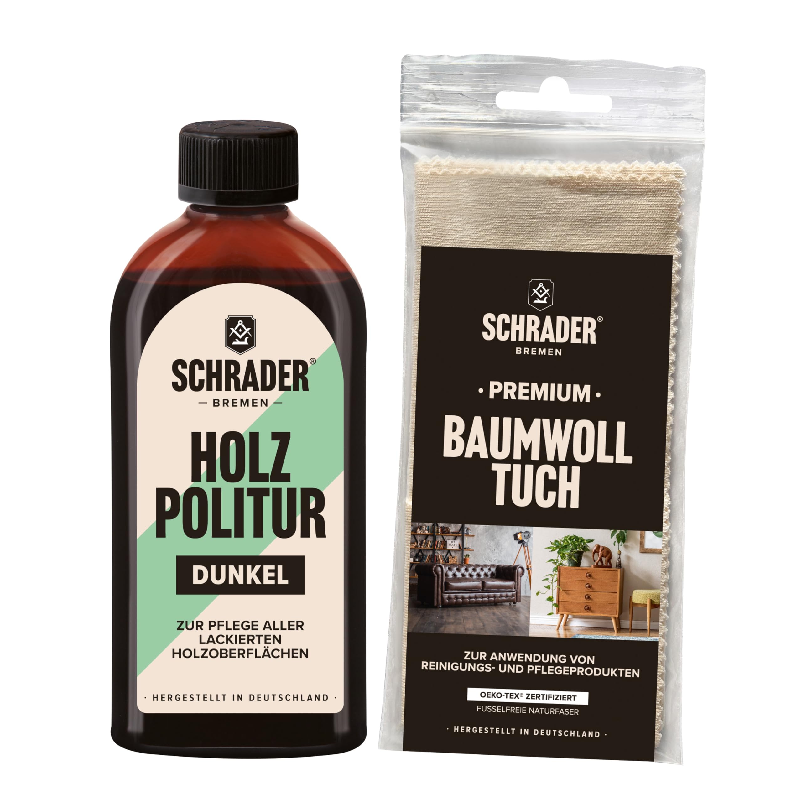 SCHRADER Polish pour bois foncé – Polissage pour meubles – Rafraîchit les meubles en bois laqués – 1 x 250 ml – Avec chiffon de polissage – Fabriqué en Allemagne