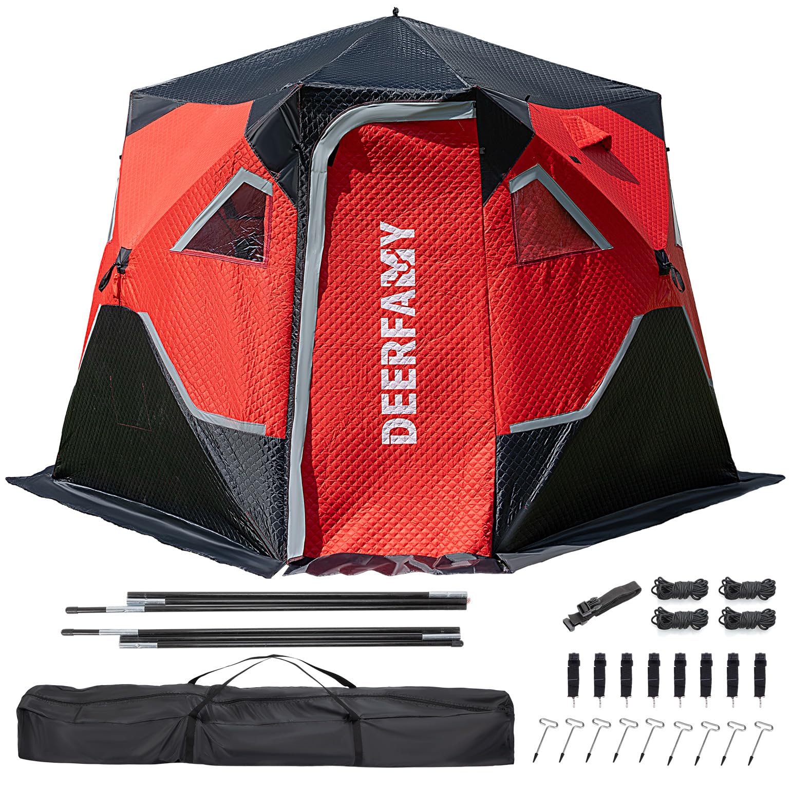 DEERFAMY 3-Layer Ice Fishing Shelter Cotton Filled, 3/4/5/6/7/8 Person Ice Fishing Tent, Pop up Ice Shanty Insulated Tent with Carrying Bag, Ice Anchors, Red/Blue