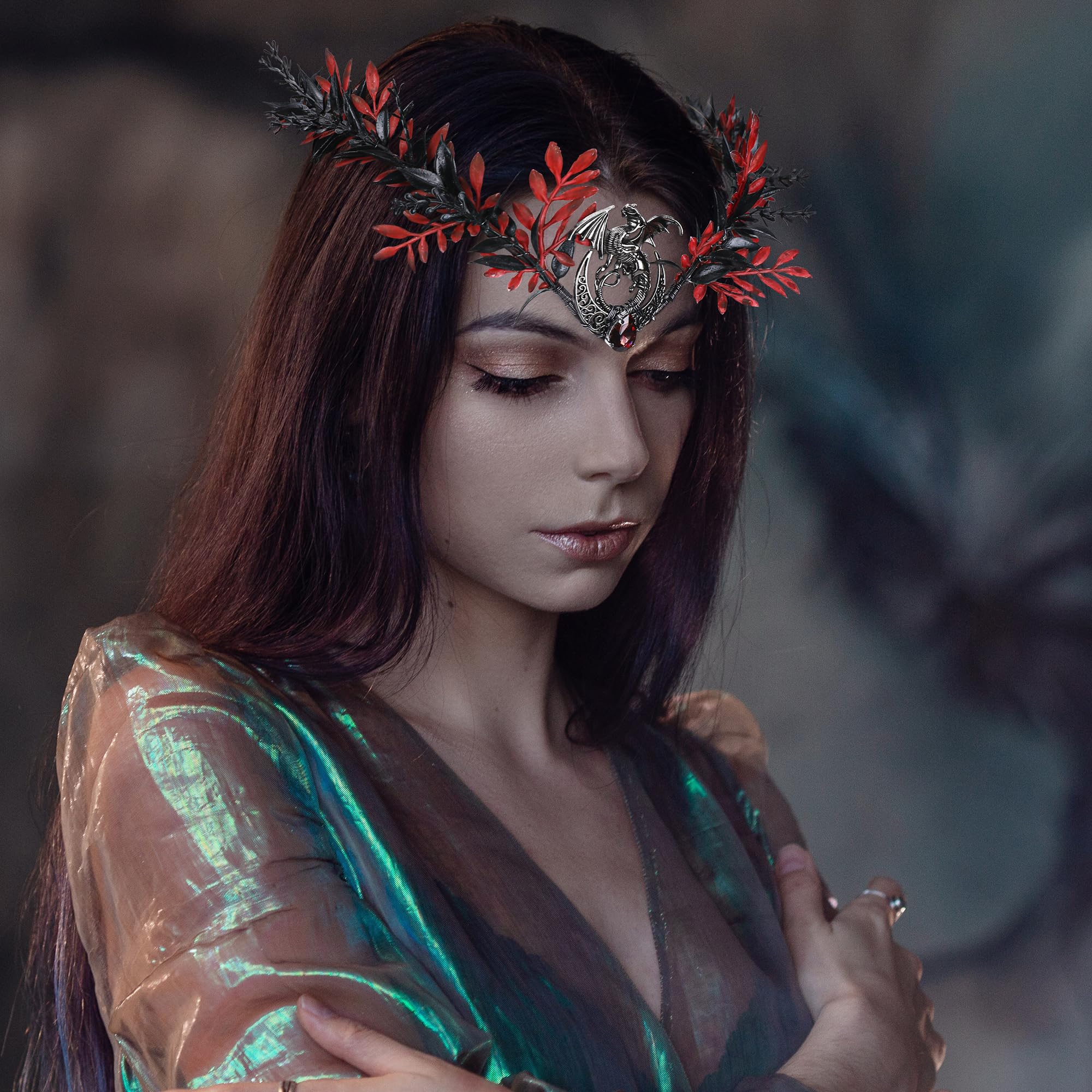 PartyforU Black Dragon Elf Flower Crown for Renaissance Cosplay Gothic Woodland Floral Headpiece for Fairy Costume Adult - Image 3