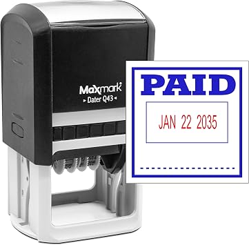 MaxMark Q43 Large Size Date Stamp with Paid Self Inking Stamp - 2 Color Blue/Red Ink
