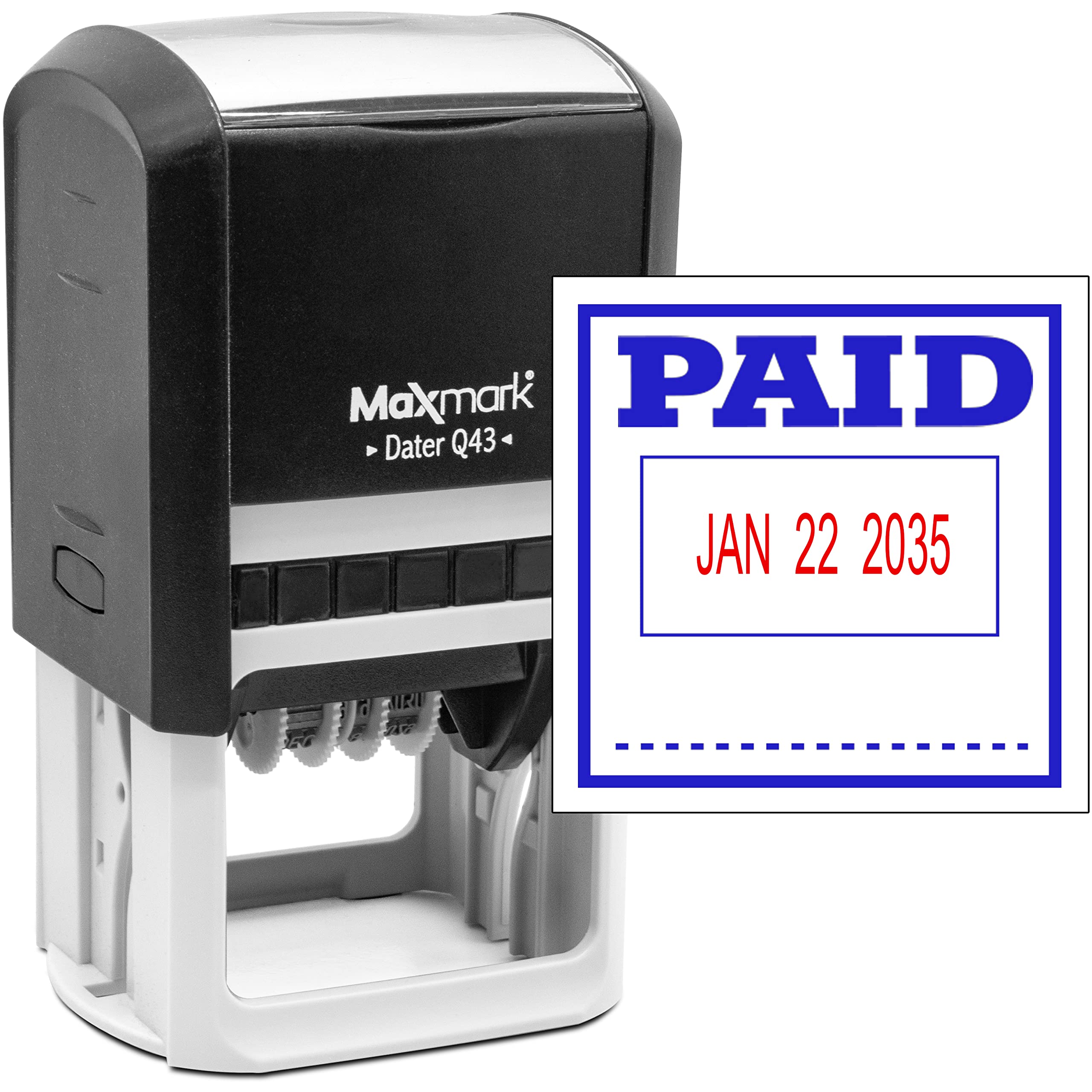 MaxMark Q43 (Large Size) Date Stamp with Paid Self Inking Stamp - 2 Color Blue/Red Ink