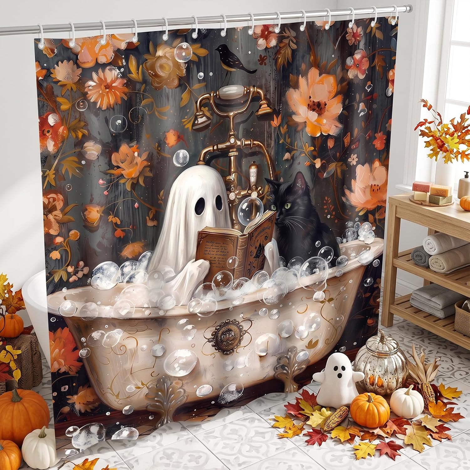 Halloween Shower Curtain, Ghost Black Cat Reading Bath Decor 71x71in | Fabric Water Resistant, Machine Washable, Rustproof Hooks, Easy Install, Ghost Black Cat Reading Book Design