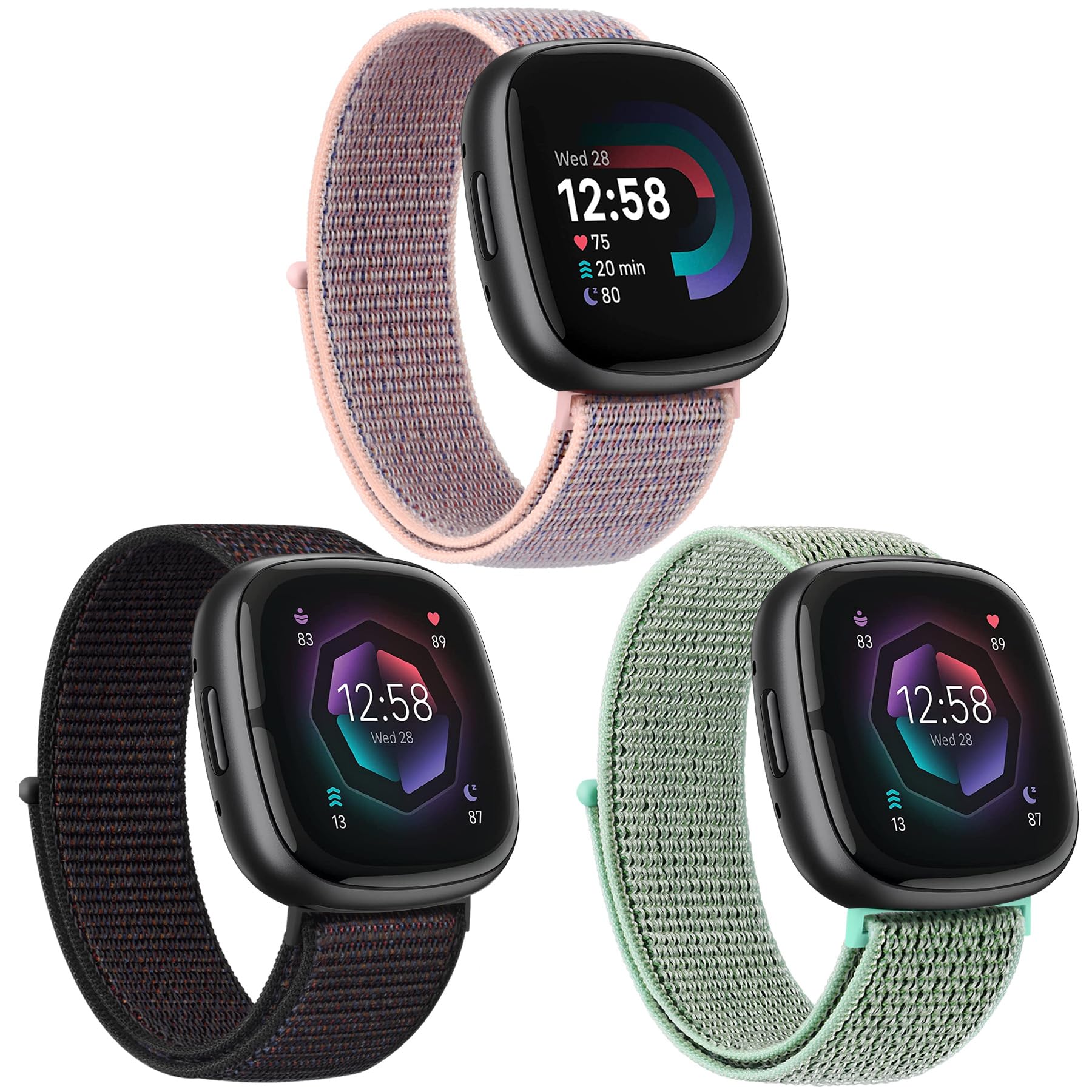 3 Pack Nylon Sport Band Compatible with Fitbit Sense 2, Sense, Versa 4, Versa 3 - Adjustable Sport Solo Loop Replacement Wristband Straps for Women Men
