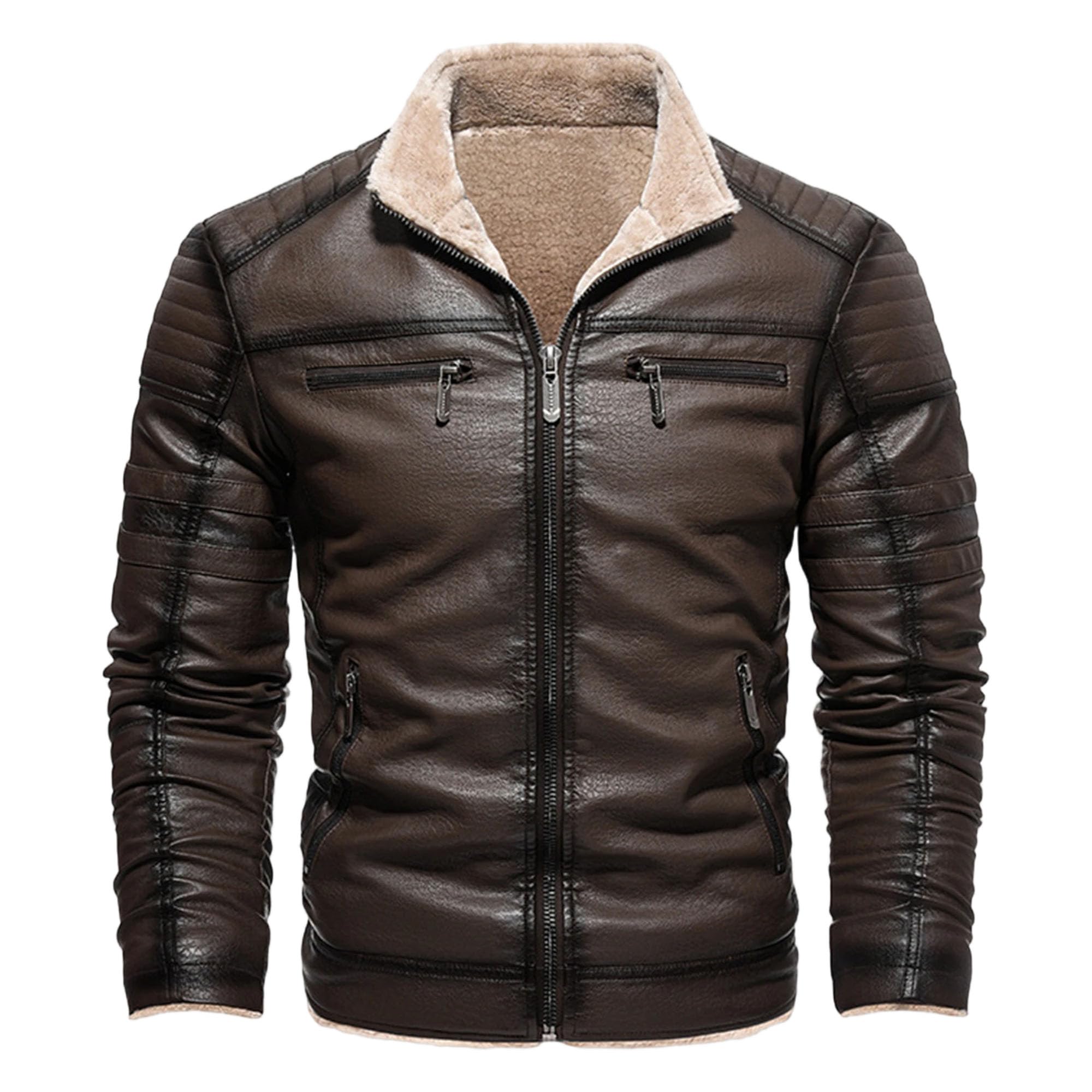 Chaqueta de motociclista de piel sintética para hombre, con forro polar y cuello alto, elegante y cálida para el invierno.