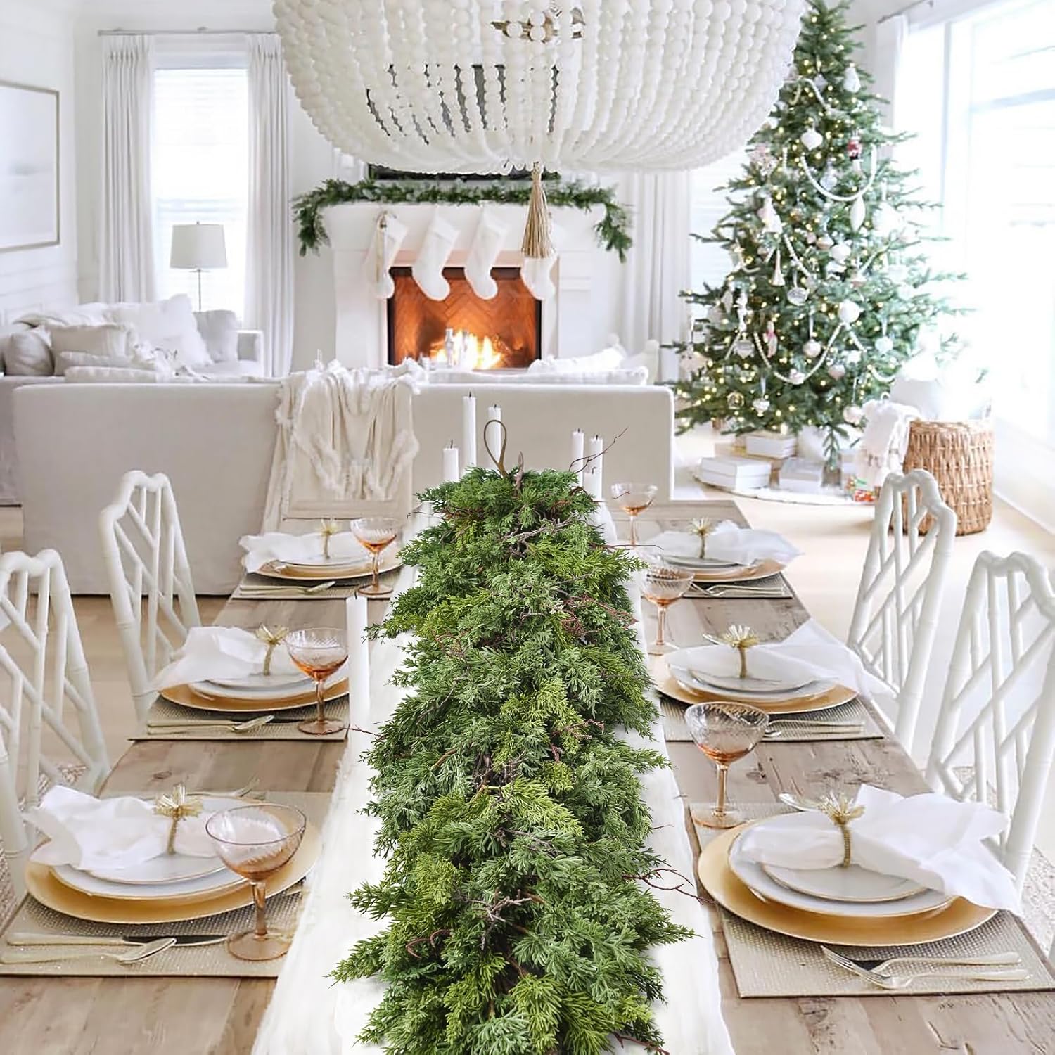 Christmas Pine Garland Greenery Decoration Clearance, Artificial Cedar Branches Cypress Garland for Holiday Fireplace Mantel Table Centerpiece - Image 5