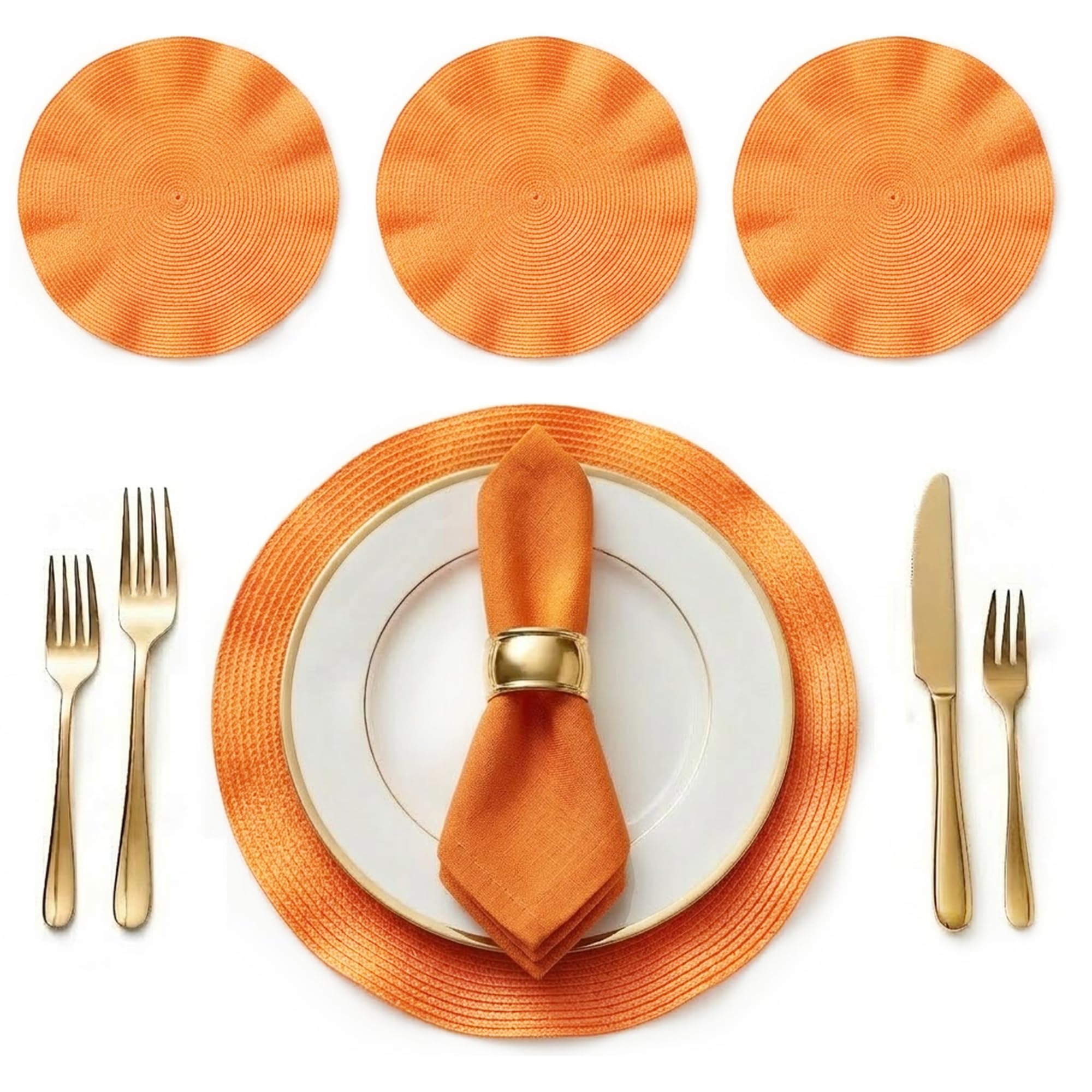 OBD Table Placemats Set of 4 Woven Table Mats Heat Resistant Non Slip Washable Round Dining Table Placemats Scalloped Edge Kitchen Table Mats for Home Decor (Orange, 19cm)