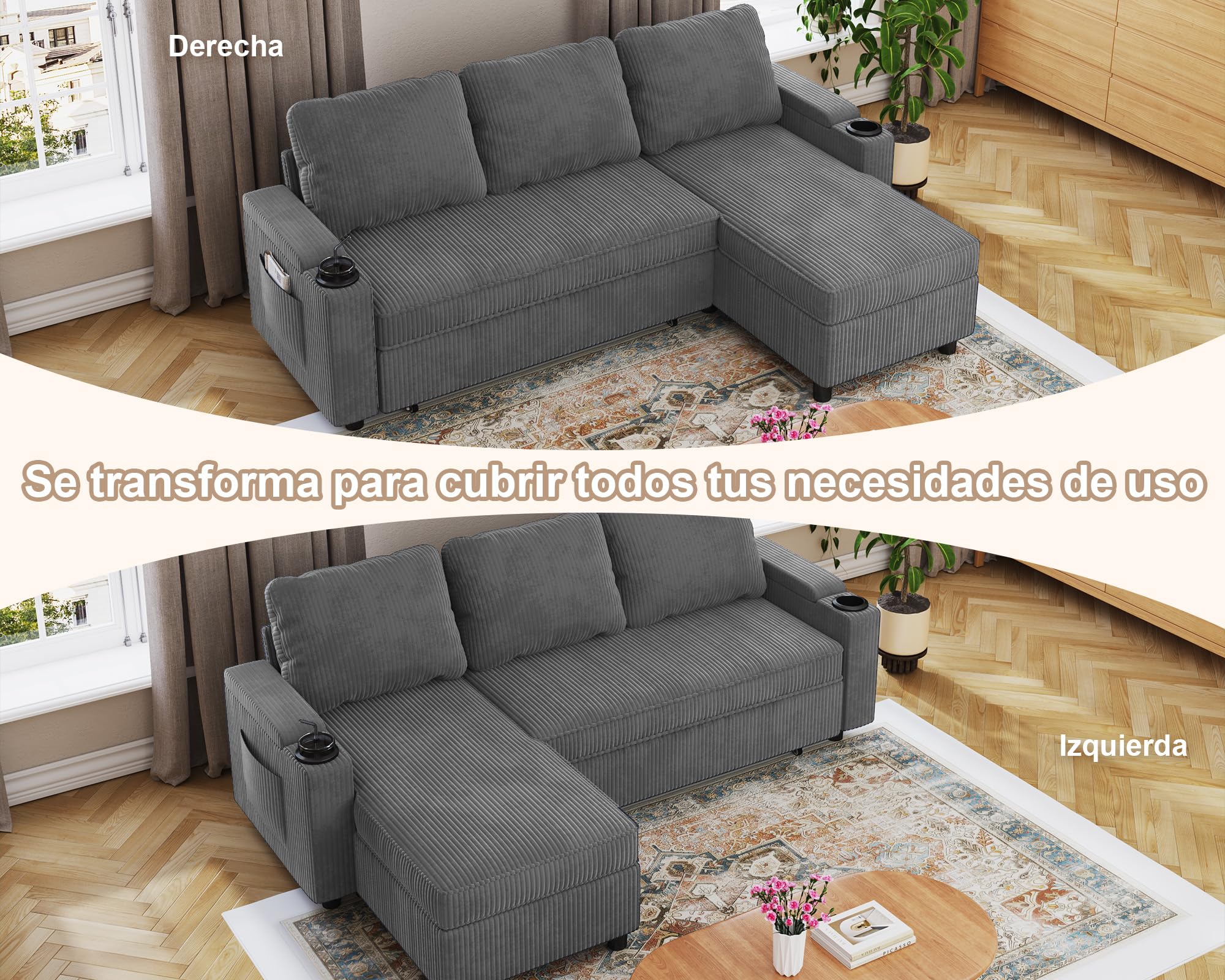 Devoko Sofá Cama Chaise Longue, Sofá de Salón Cheslong de 3 Plazas Convertible en Cama, con Almacenamiento Integrado y Portavasos, Sofá Chaise Longue en Forma de L con Tejido Suave Gris Oscuro