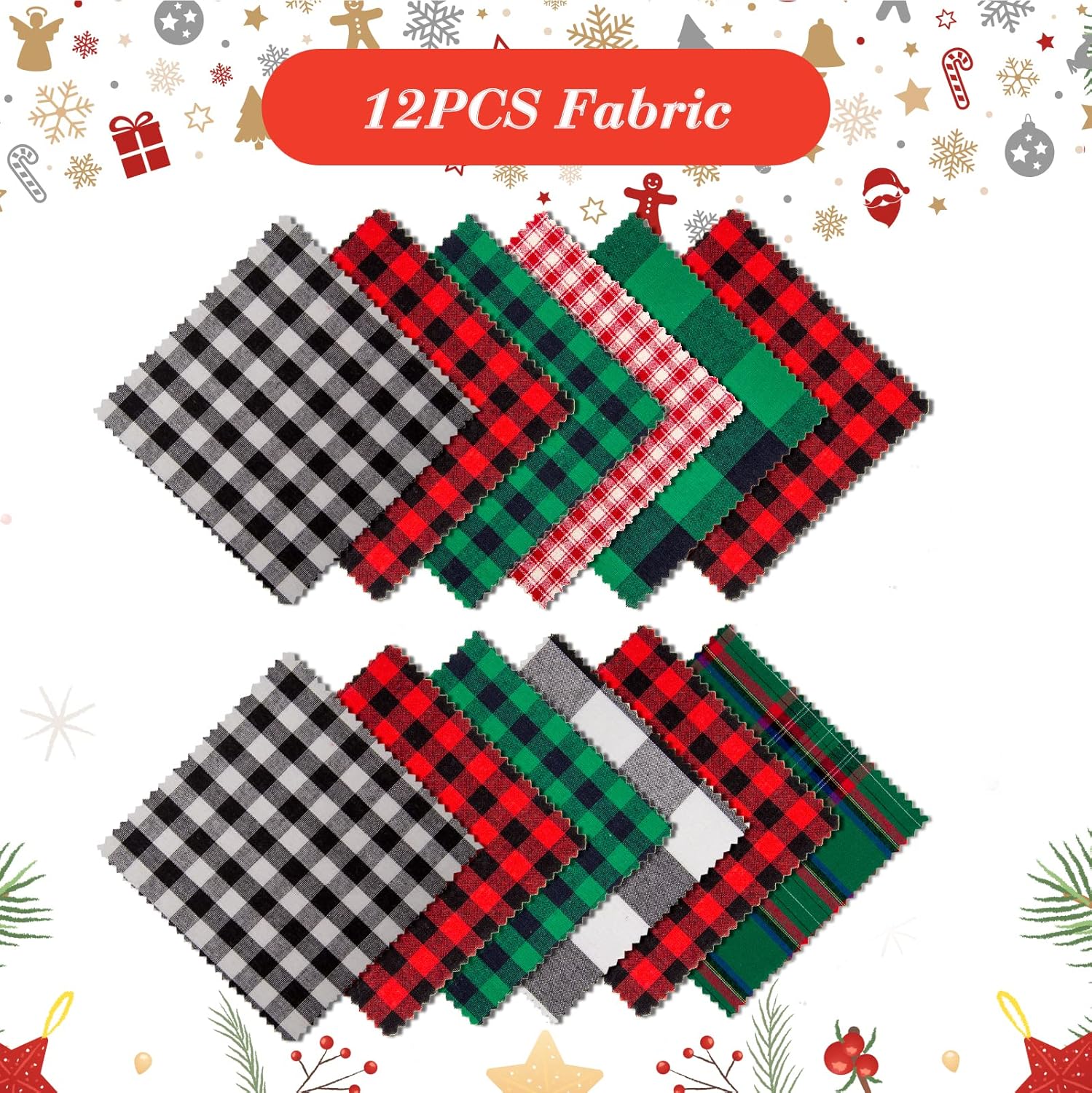 Caydo 12 Pack Christmas Ornament DIY Craft Kit Includes 3 Inch Bamboo Embroidery Hoops, Christmas Plaid Fabric, Mini Pine Cones, Artificial Pine Needle and Small Berries for Christmas DIY Decor