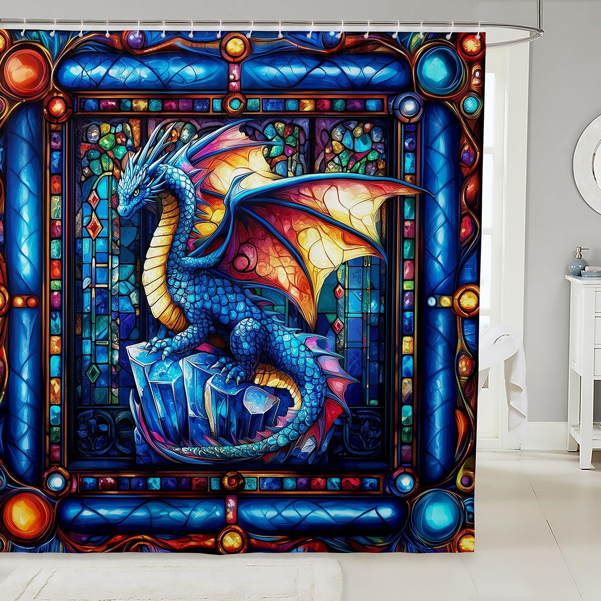 Rideau de douche dragon de l'Ouest bleu imperméable géométrique patchwork