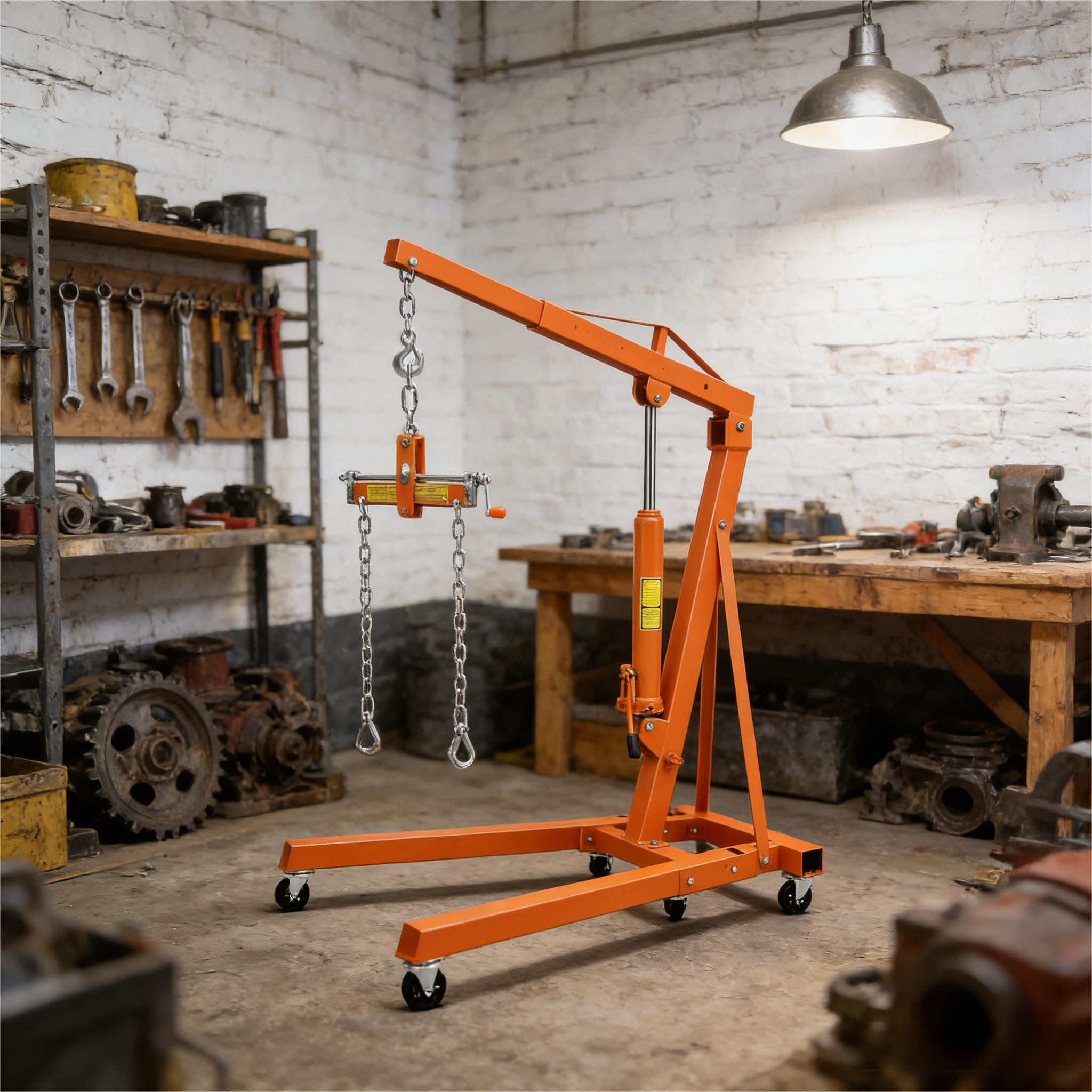 2 ton engine hoist with leveler, 4400 lbs folding hydraulic cherry picker, heavy-duty shop crane with 6 caster wheels, 4 adjustable boom positions, for warehouse, garage and workshop, orange