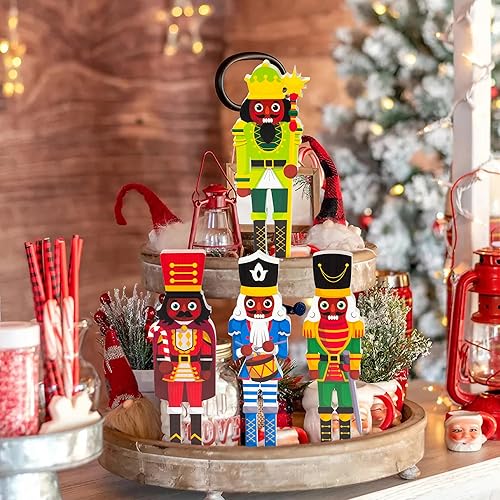 Miniatura 5 de B1ykin 4 piezas de decoración de bandeja de madera con niveles de cascanueces africanos de Navidad, centros de mesa independientes con soldado rey